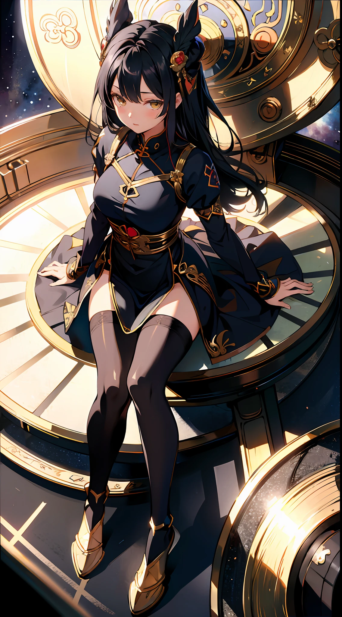 absurd res, high res, (masterpiece:1.4), ultra-detailed, 2girls twin, from above, space, floating, Chinese dress, navy dress, black stockings, black hair, yellow eyes, pantyhose, opposite clothes colour