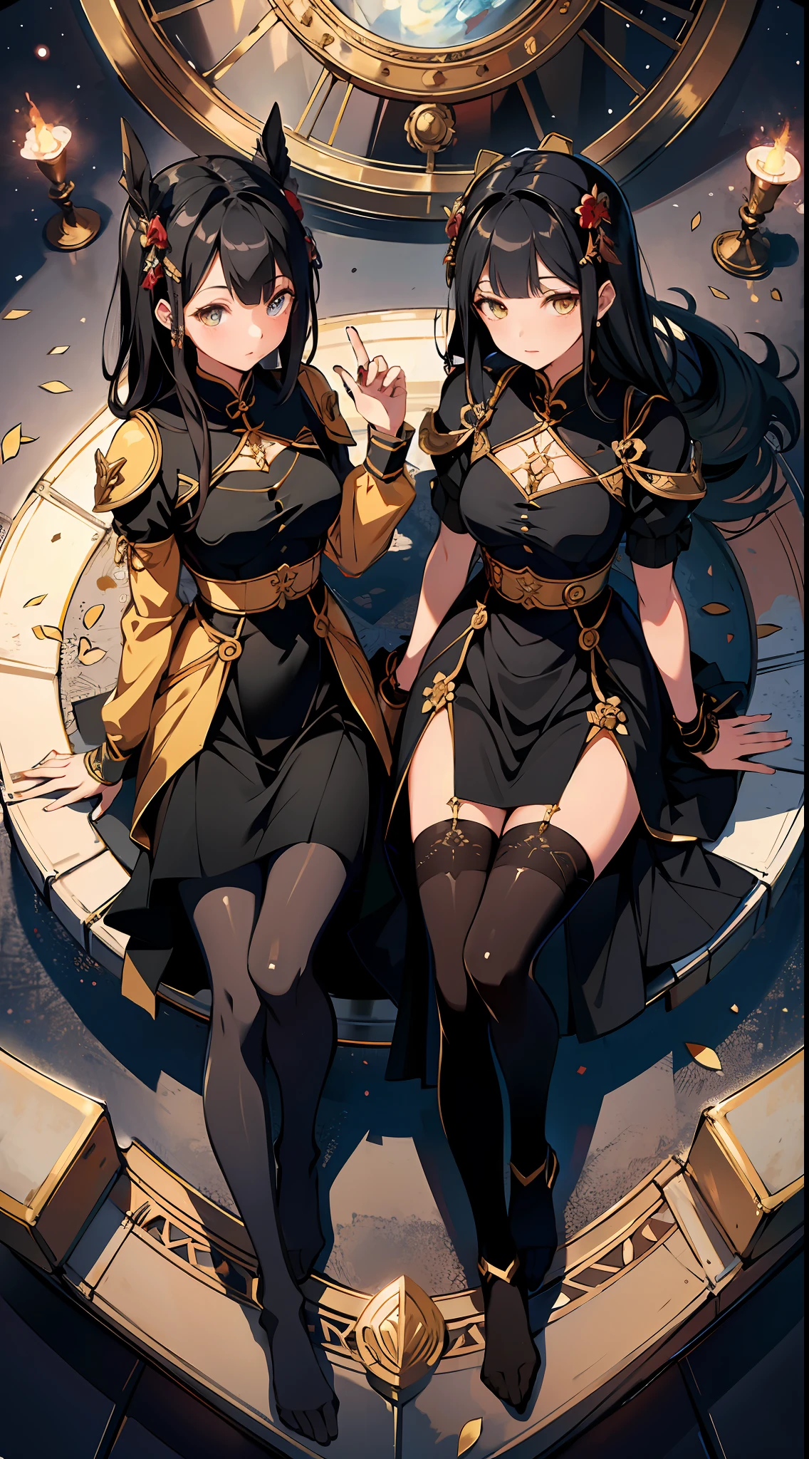 absurd res, high res, (masterpiece:1.4), ultra-detailed, 2girls twin, from above, space, floating, Chinese dress, navy dress, black stockings, black hair, yellow eyes, pantyhose, opposite clothes colour