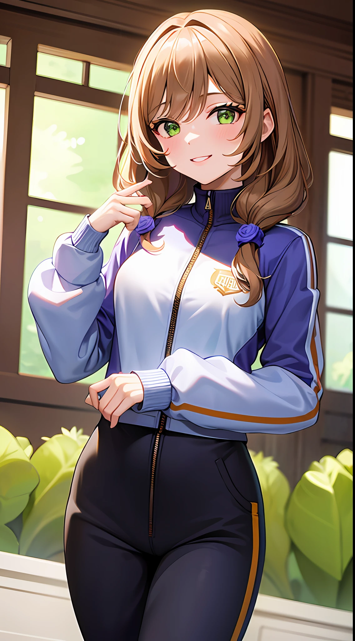 1girl, masterpiece, best quality, medium full shot, ((track jacket, track pants)), smiling