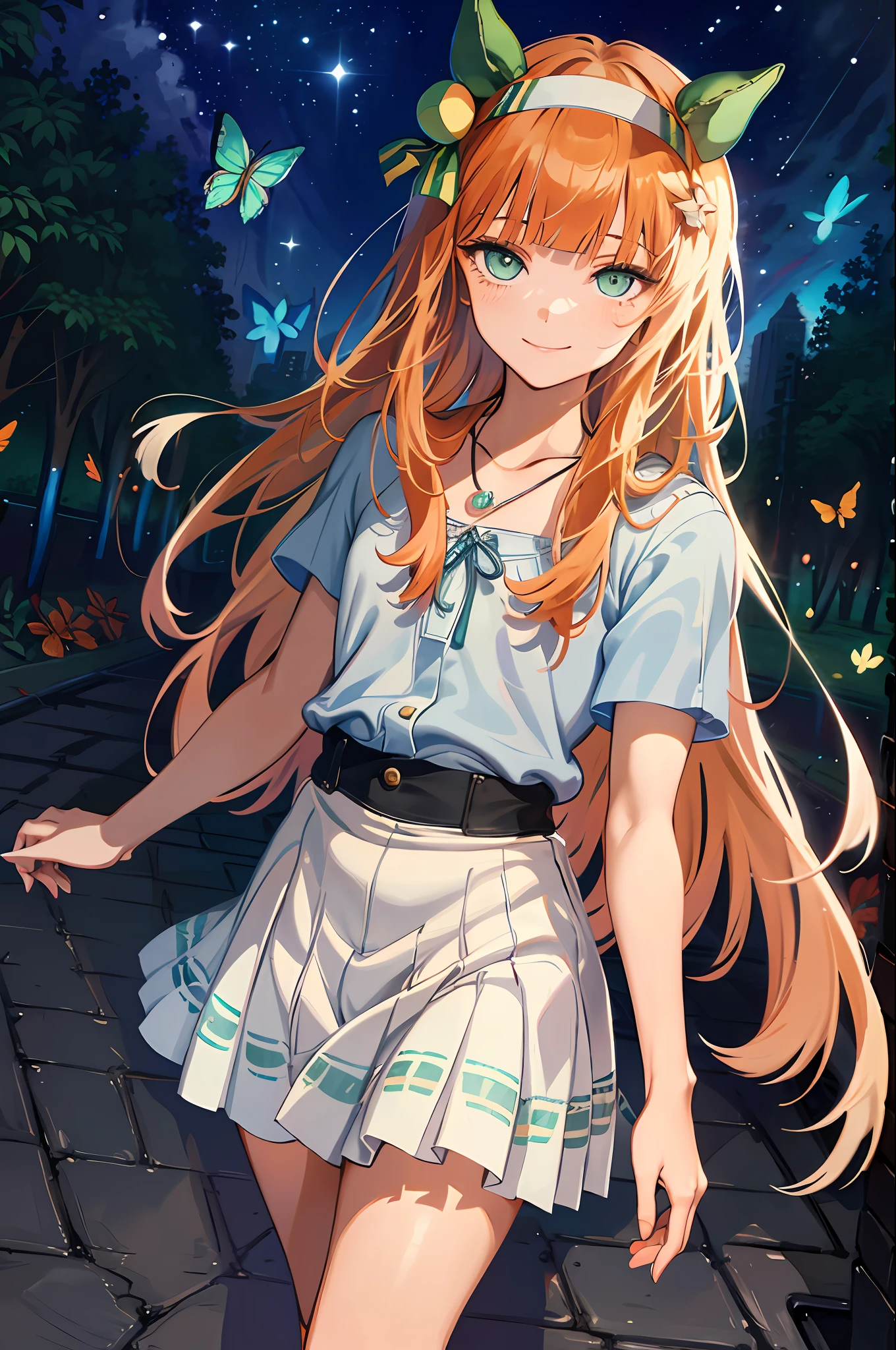 CG, unity, 8k, wallpaper, (masterpiece), (best quality),(1girl:1.3),best lighting, complex pupils, complex textile, detailed background, park, evening, sunny, upper body, from front, smiling, slender, smooth skin, green eyes, white blouse, denim skirt, sandals, necklace, (flower, butterfly, sunbeam),