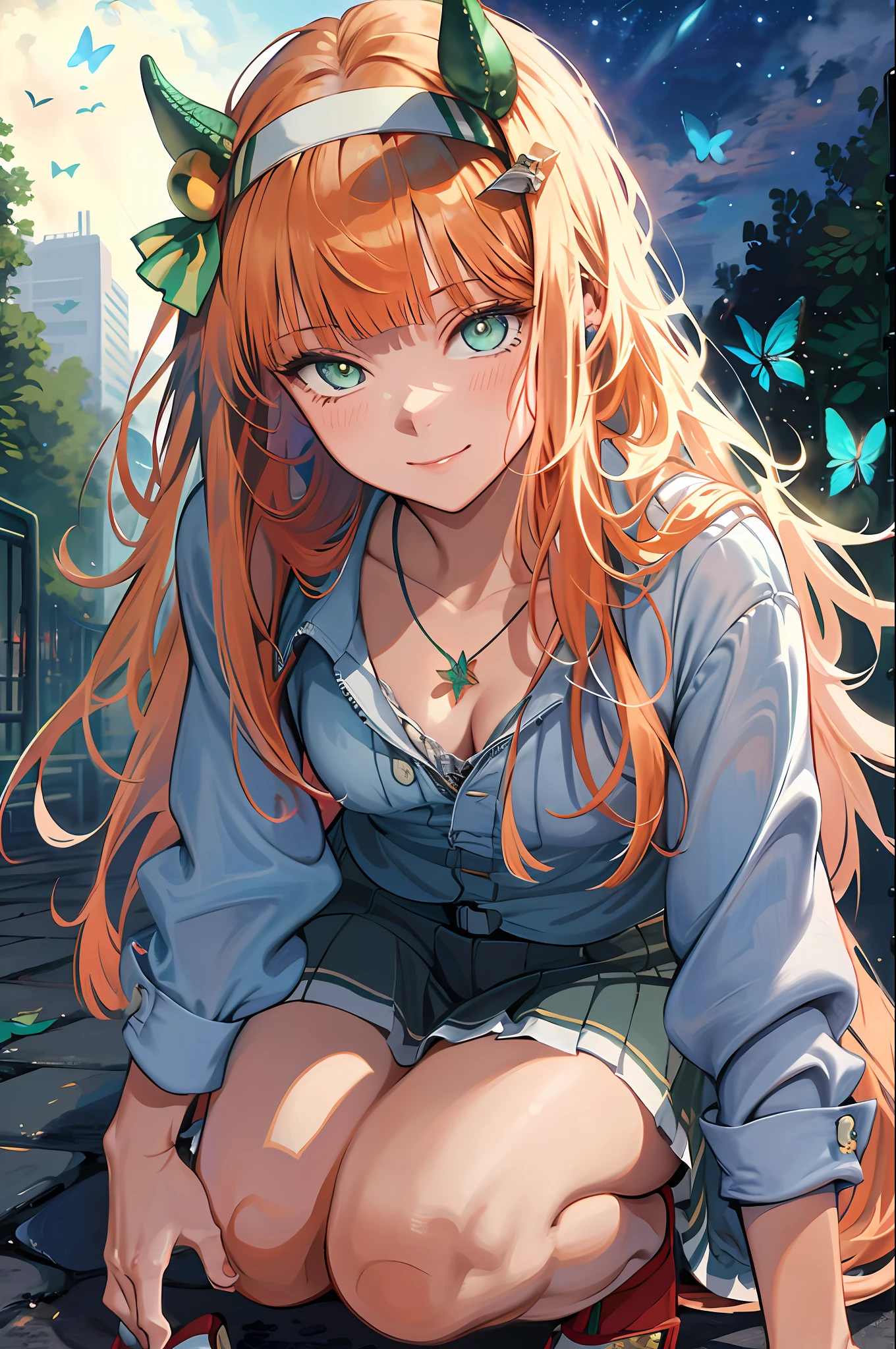 CG, unity, 8k, wallpaper, (masterpiece), (best quality),(1girl:1.3),best lighting, complex pupils, complex textile, detailed background, park, evening, sunny, upper body, from front, smiling, slender, smooth skin, green eyes, white blouse, denim skirt, sandals, necklace, (flower, butterfly, sunbeam),
