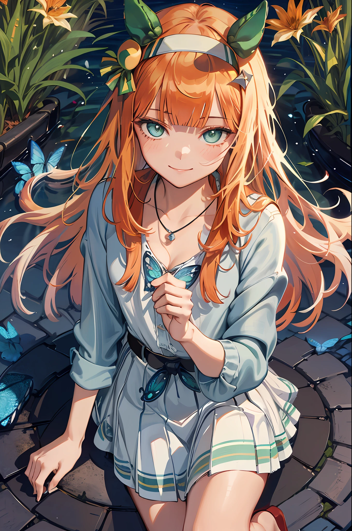 CG, unity, 8k, wallpaper, (masterpiece), (best quality),(1girl:1.3),best lighting, complex pupils, complex textile, detailed background, park, evening, sunny, upper body, from front, smiling, slender, smooth skin, green eyes, white blouse, denim skirt, sandals, necklace, (flower, erfly, sunbeam),
