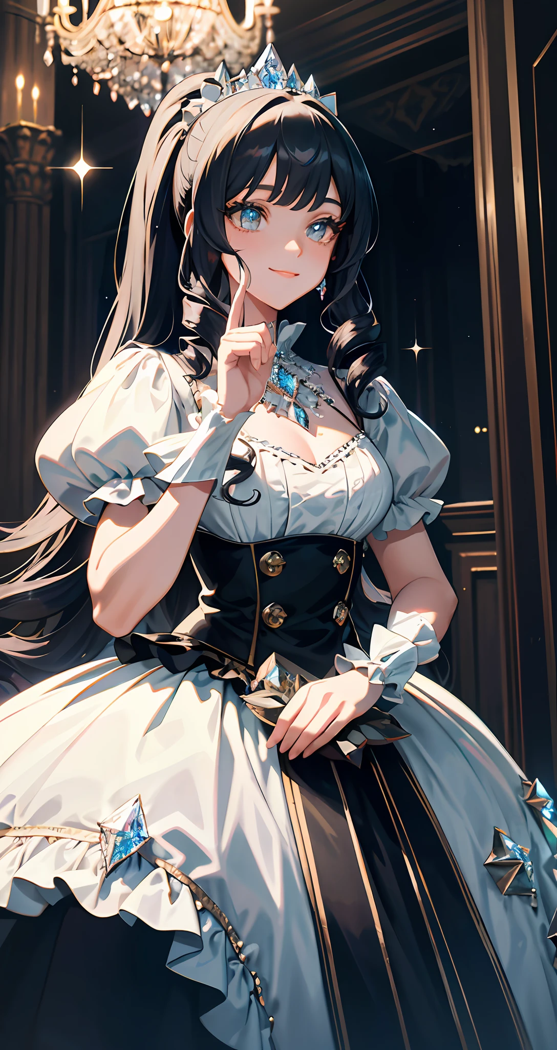 Dramatic composition, court-style dresses, royal, gorgeous, cascading frills, ruffles, bows, crystal chandeliers, Roman curly hairstyles, ponet, double ponytails like drills, look at the camera, bangs, maximalism, palatial background, delicate portrayal of hair and eyes, princess dresses, gorgeous skirts, flowers in hand, smiles, starry eyes, cinematic light, extreme detail, high definition, happy girl, very long hair, diamonds, broken diamonds, crystal fragments, light particles