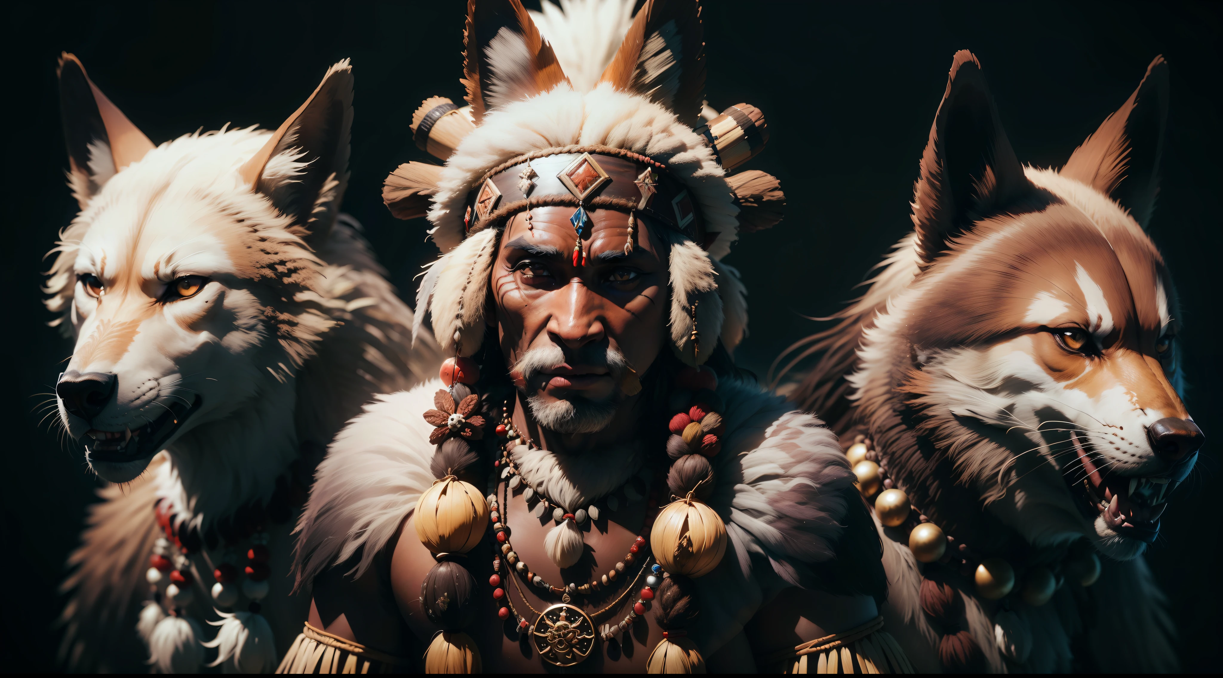 Káiri. Káiri, tribes, indios, indio cabeça de lobo, amazon forest, indios, werewolf with indigenous costumes, late eighteenth century, realism, photo realism, 8k, 80mm, f/1.8