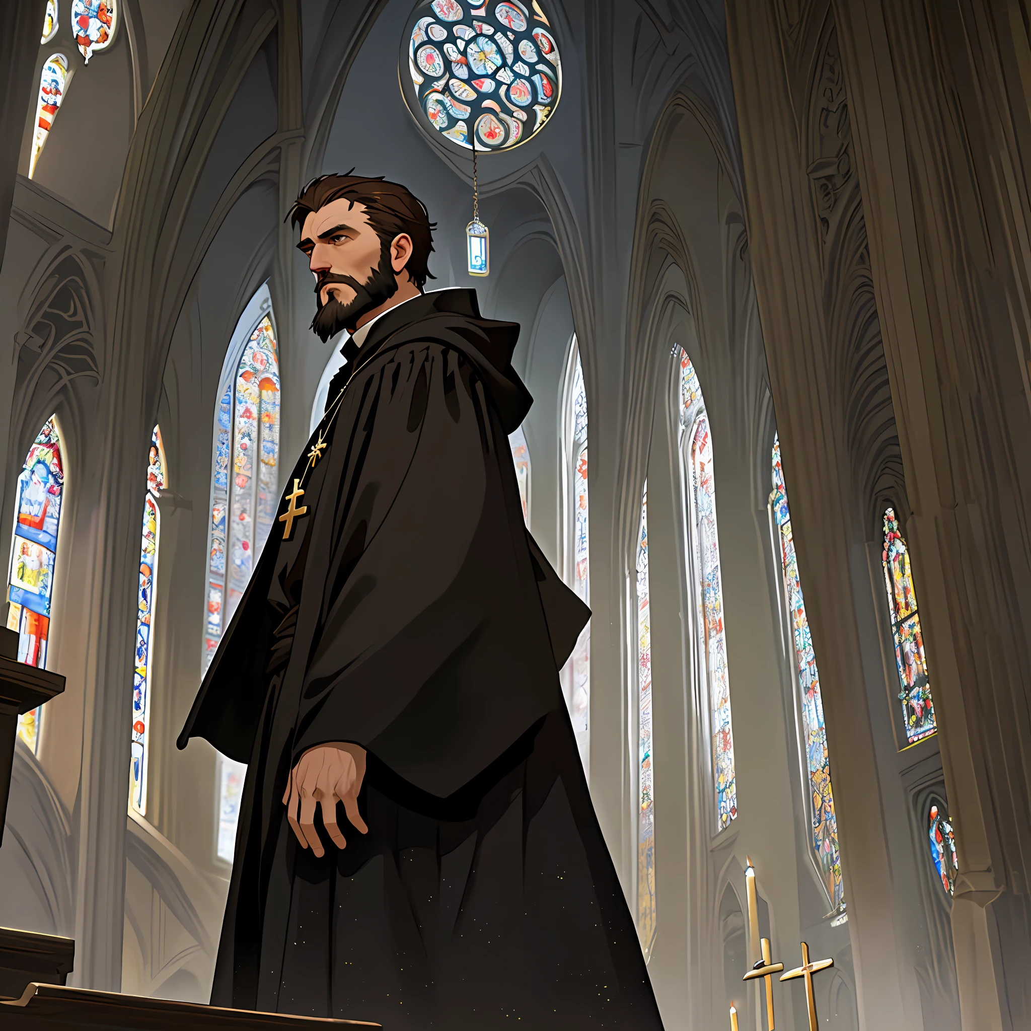 male priest, martin luther, black robes, older, handsome gentleman, beard, brown hair, cross necklace, religion, church in the background, dramatic lighting, cinematic angle, UHD, masterpiece, extremely detailed