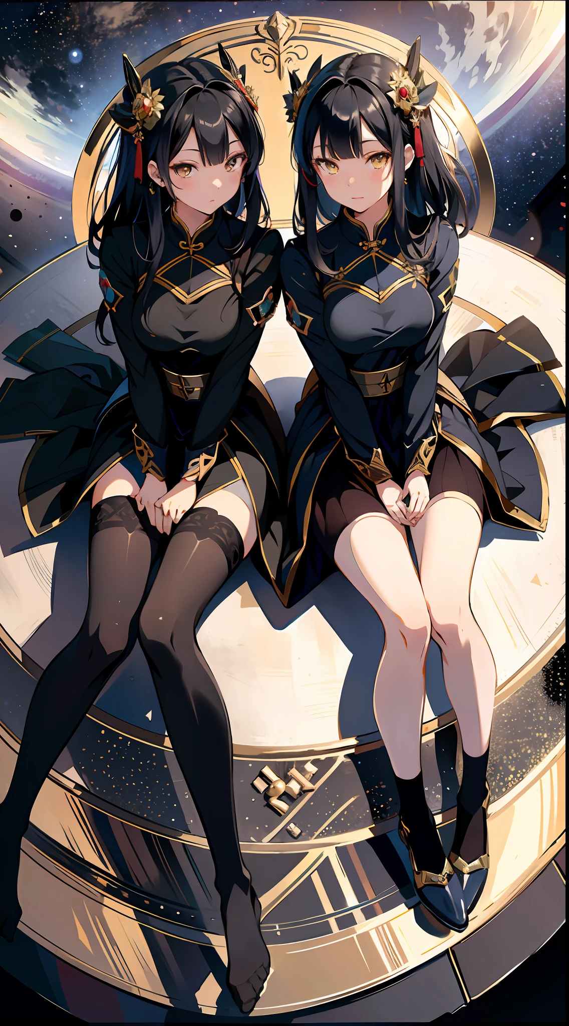 absurd res, high res, (masterpiece:1.4), ultra-detailed, 2girls twin, from above, space, floating, Chinese dress, navy dress, black stockings, black hair, yellow eyes, pantyhose, opposite clothes colour, kneeling next to eachother, facing eachother, seiza