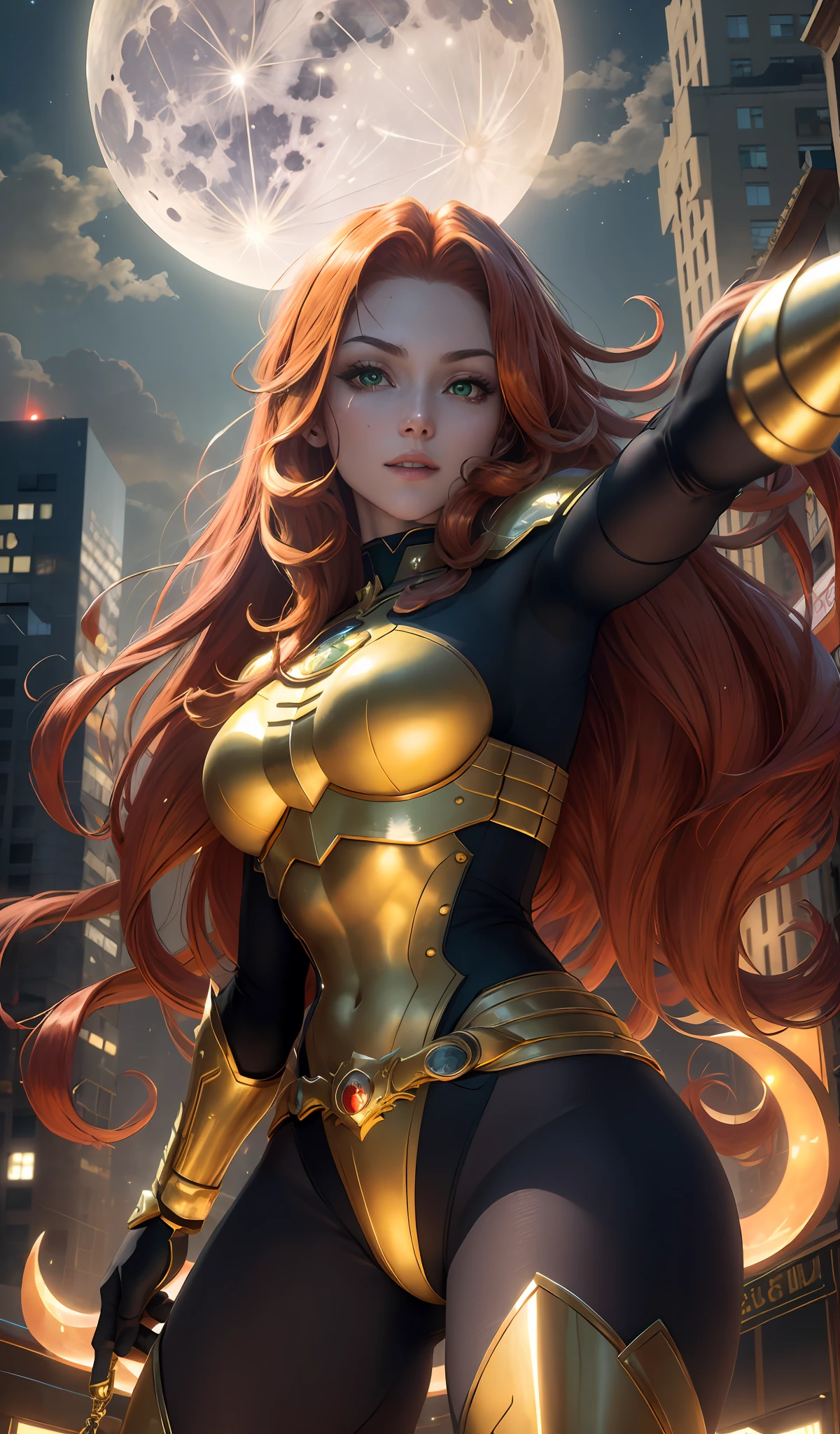 (Masterpiece, 4k resolution, ultra-realistic, very detailed), (Theme of knights of the zodiac, charismatic, there is a girl at the top of the city, wearing a golden gold armor Capricorn knight, she is a superhero), [ ((23 years), (long red hair:1.2), full body, (green eyes:1.2), ((fighting pose),show of strength), ((sandy urban environment):0.8)| (cityscape, at night, dynamic lights), (full moon))