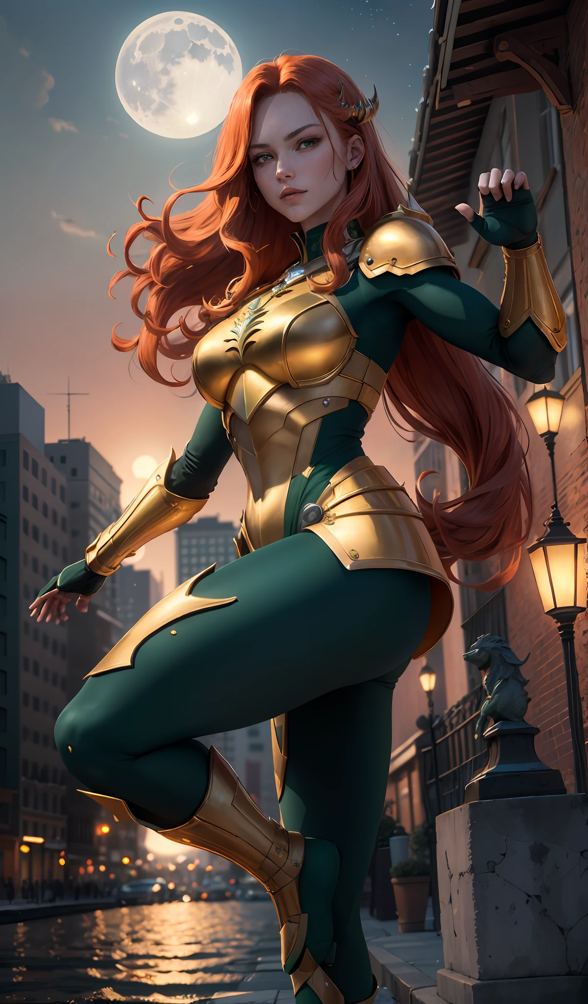 (Masterpiece, 4k resolution, ultra-realistic, very detailed), (Theme of knights of the zodiac, charismatic, there is a girl at the top of the city, wearing a golden gold armor Capricorn knight, she is a superhero), [ ((23 years), (long red hair:1.2), full body, (green eyes:1.2), ((fighting pose),show of strength), ((sandy urban environment):0.8)| (cityscape, at night, dynamic lights), (full moon))