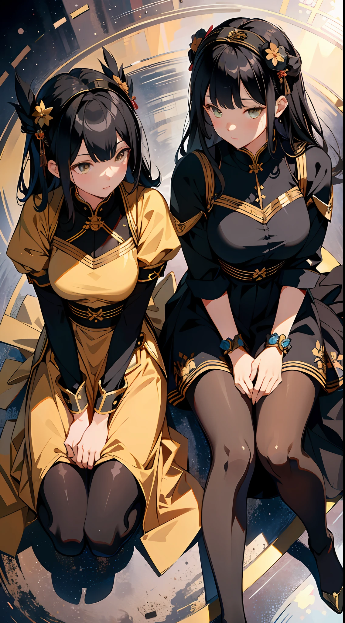 absurd res, high res, (masterpiece:1.4), ultra-detailed, 2girls twin, from above, space, floating, Chinese dress, navy dress, black stockings, black hair, yellow eyes, pantyhose, opposite clothes colour, kneeling next to eachother, facing eachother, seiza