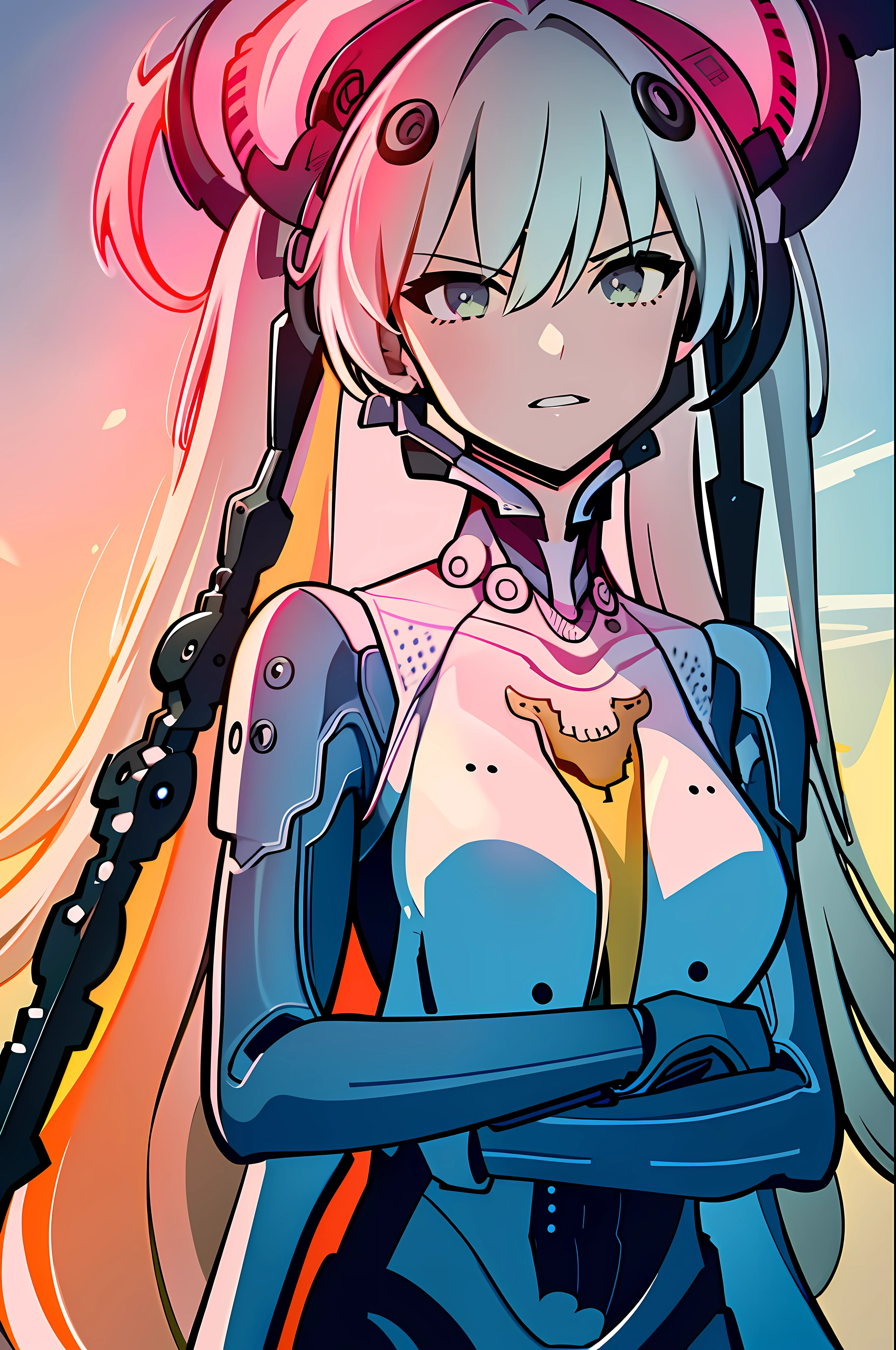 1girl, angry, dress, upperbody, standing, hand on hip, detailed hands, futuristic, robot, masterpiece, cg, official art, illustration, highly-detailed,