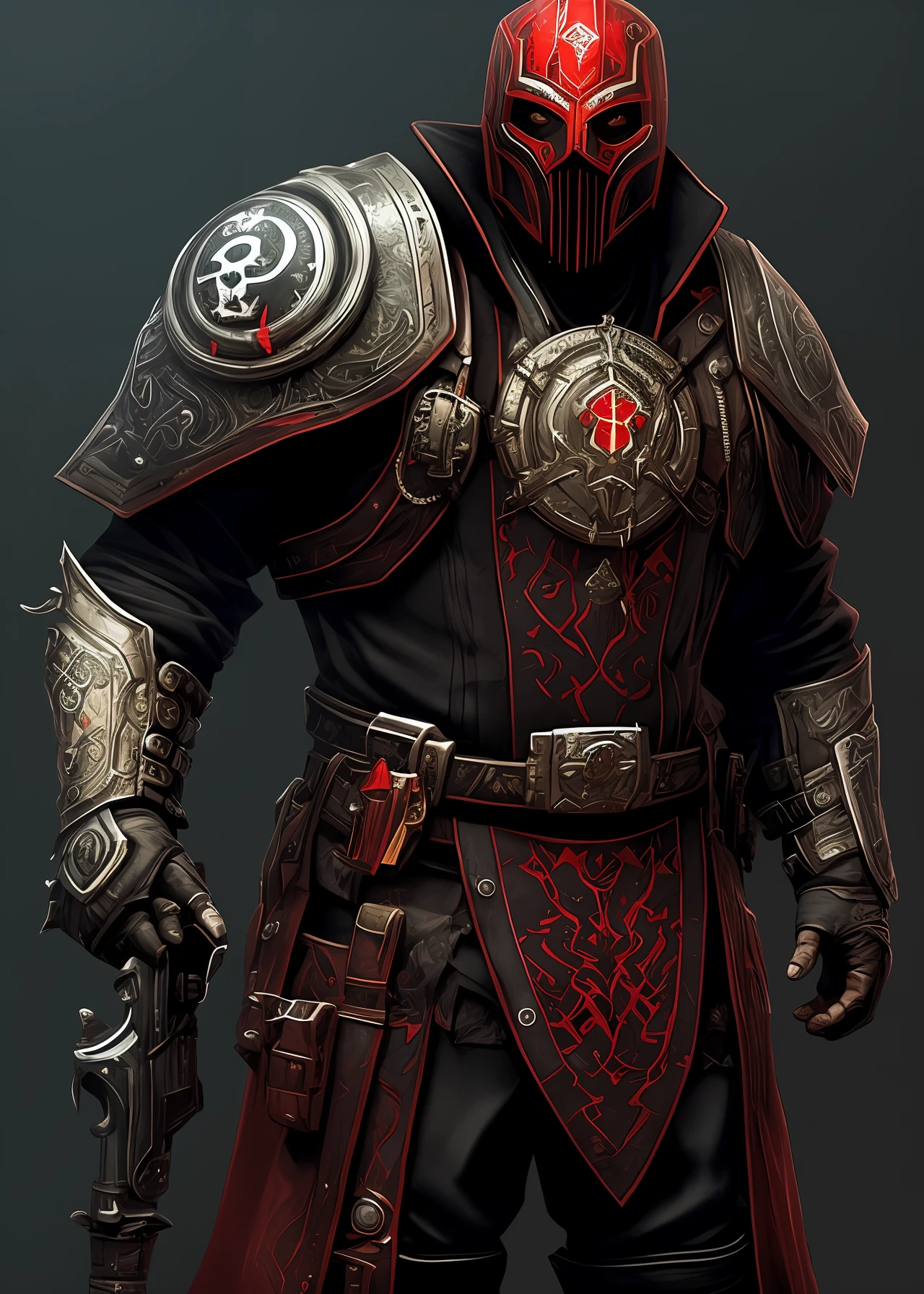 A man in full body dark armor with red eyes and a red skull on his chest and a gun in a cyberpunk horror style pistol and
One on the dwarven left side in armor with a hammer and a terror-style shield with lots of shading
A dark forest with a horror-style haze