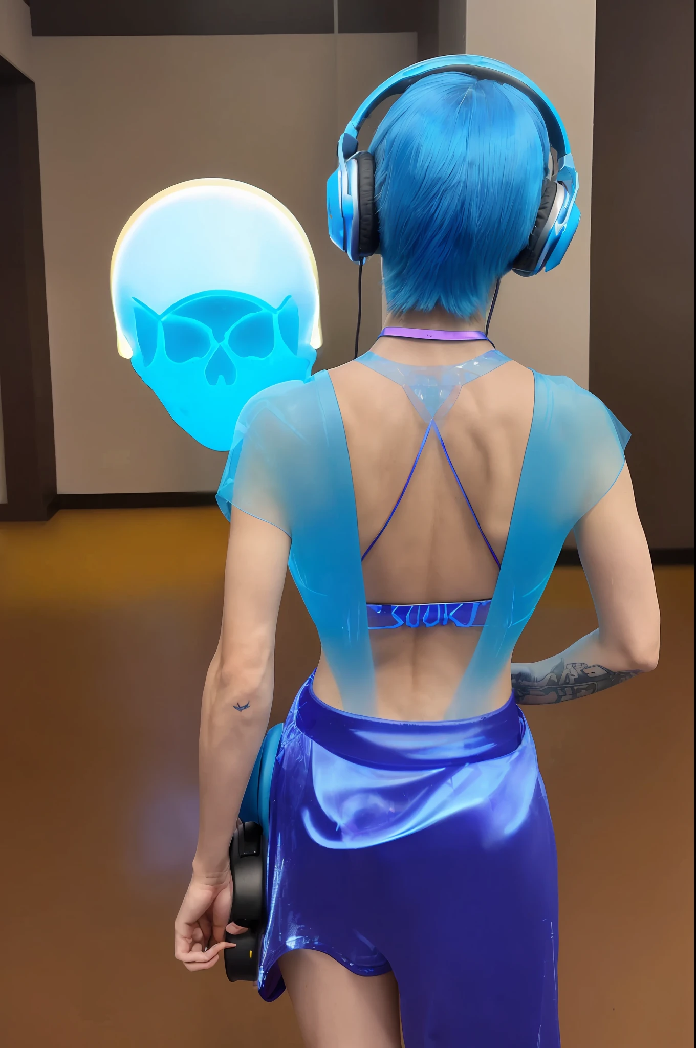 (Masterpiece, best quality: 1.2), 1 male, powder blue hair, (side full body image), (((back to camera))), ((back body is a translucent spine of human skull)))), solo, wearing wireless headphones, cyberpunk, grinning, looking at the audience, purple-blue hair, headphones, tattoos, belt buckle, holding a cold weapon
