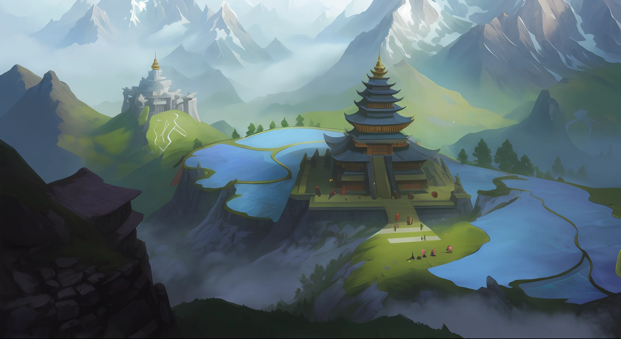 there is a painting of a mountain with a pagoda in the middle, concept art. epic landscape, concept piece, digital painting concept art, legend of korra setting, painted as a game concept art, dota! matte painting concept art, concept art illustration, concept world art, stylized concept art, concept art world, digital painting of a pagoda