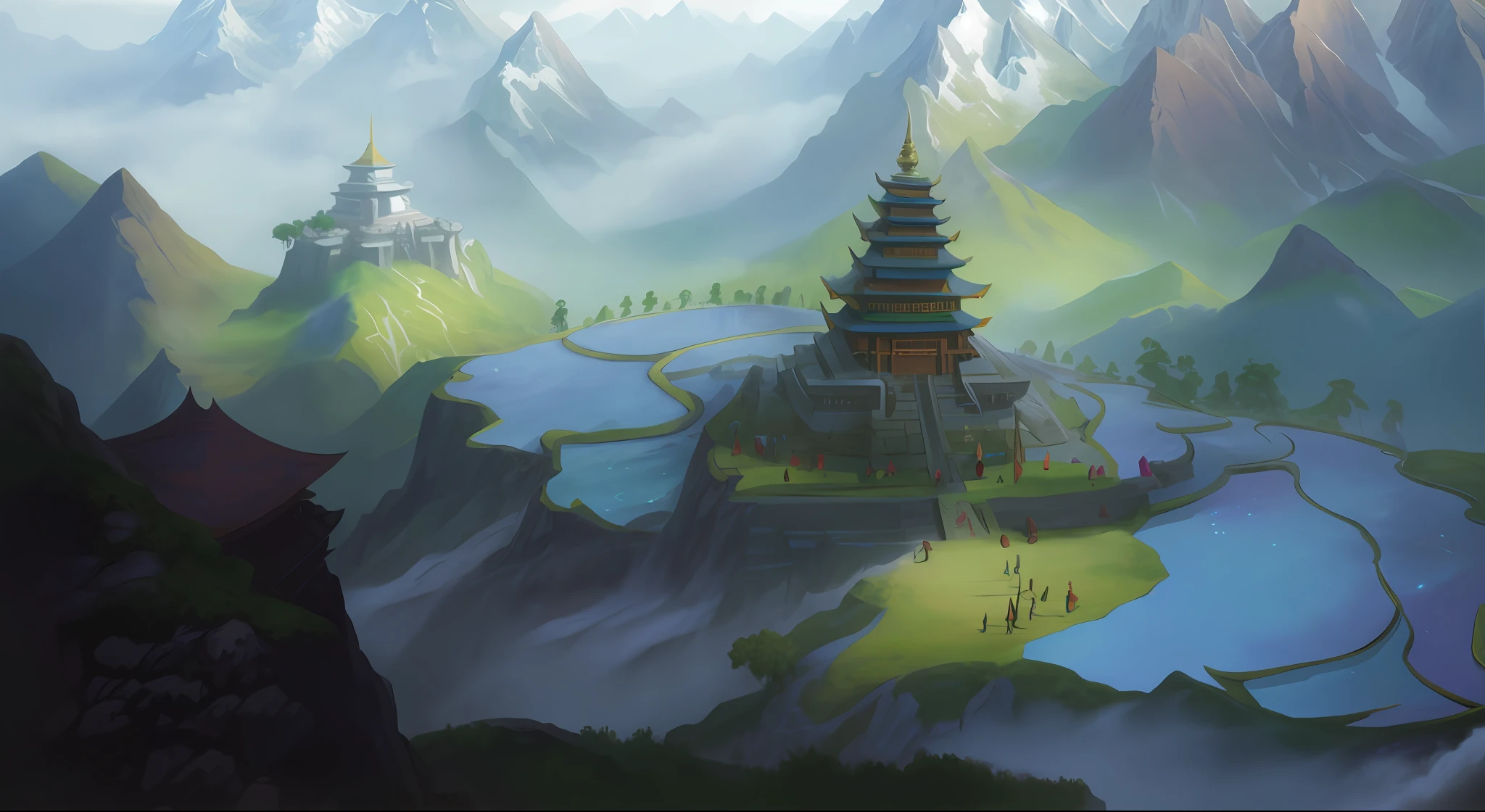 there is a painting of a mountain with a pagoda in the middle, concept art. epic landscape, concept piece, digital painting concept art, legend of korra setting, painted as a game concept art, dota! matte painting concept art, concept art illustration, concept world art, stylized concept art, concept art world, digital painting of a pagoda