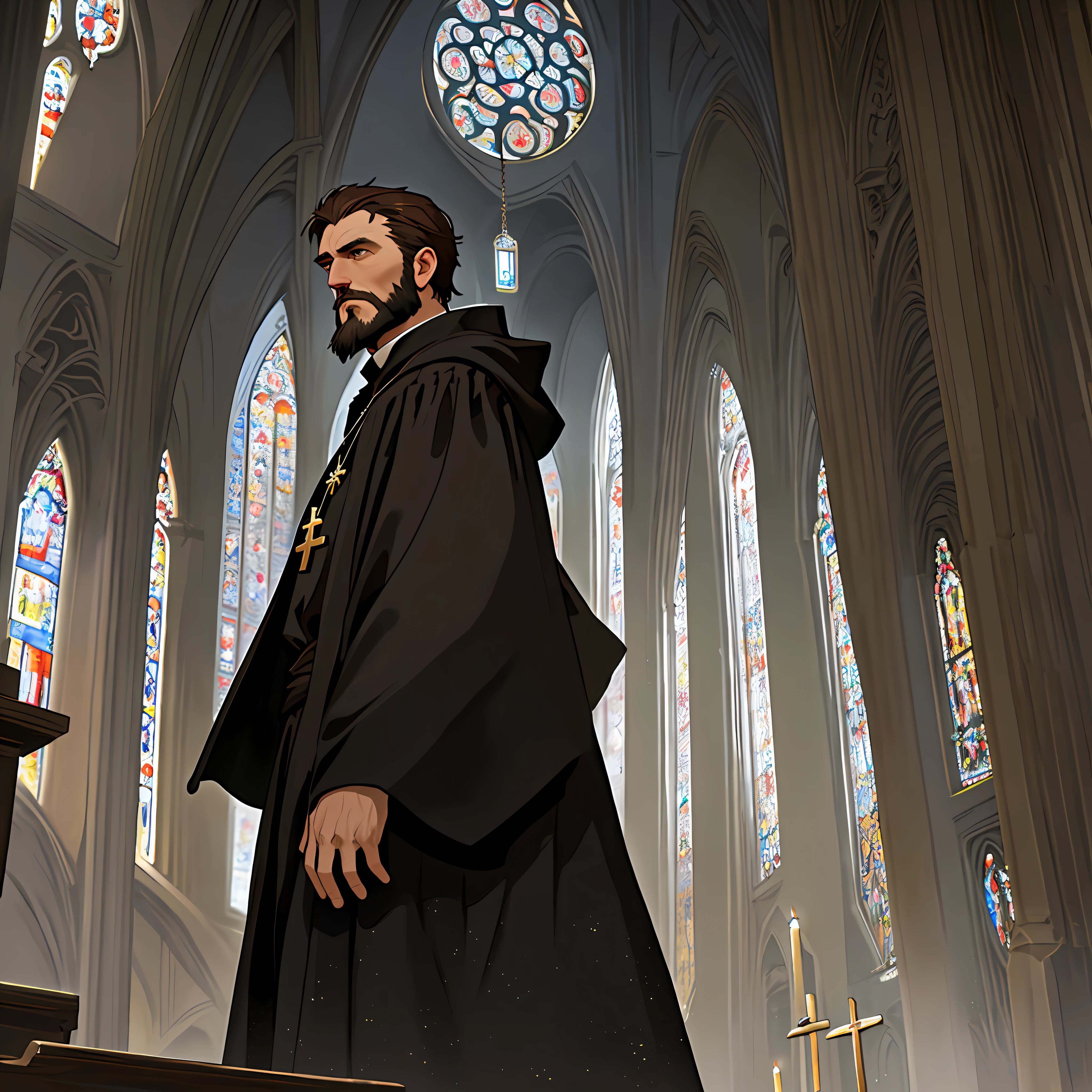 male priest, martin luther, black robes, older, handsome gentleman, beard, brown hair, cross necklace, religion, church in the background, dramatic lighting, cinematic angle, UHD, masterpiece, extremely detailed