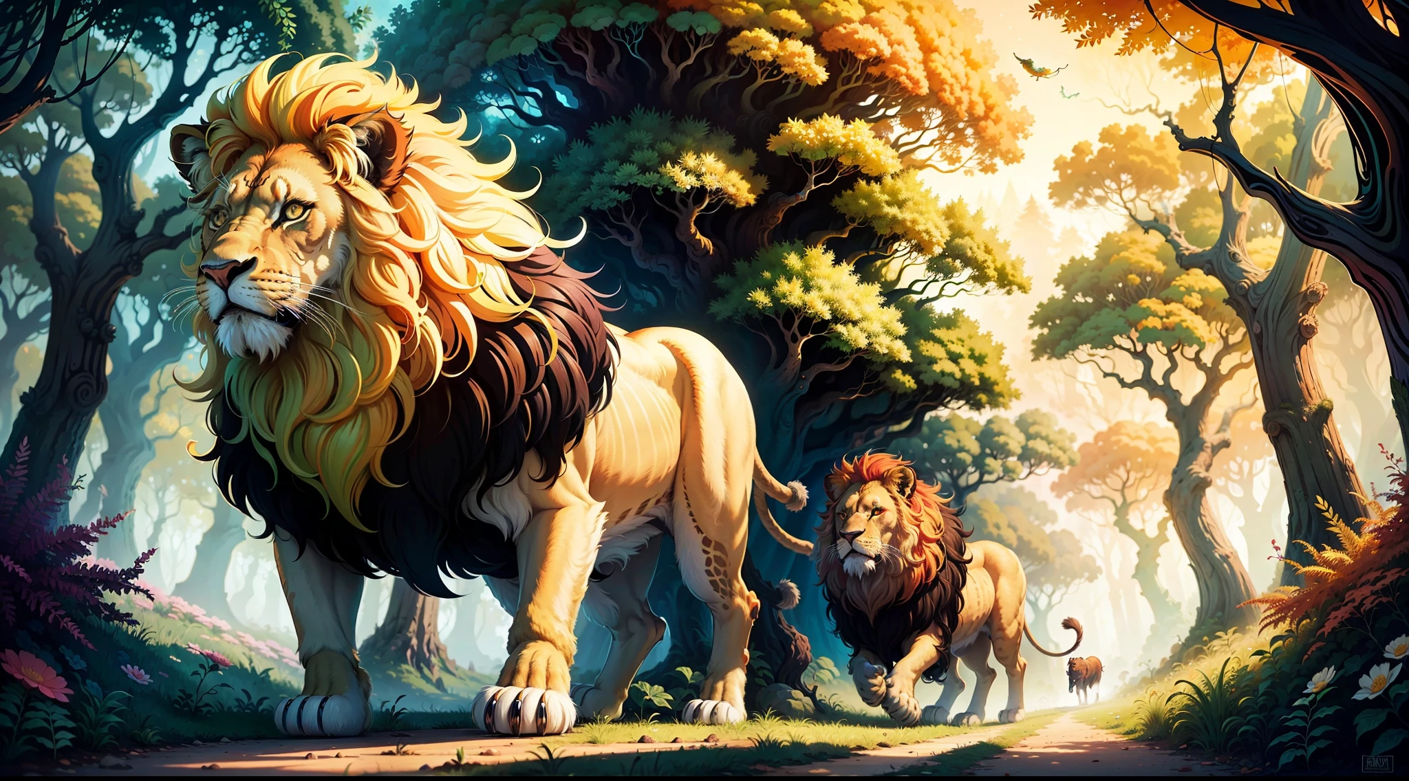 Lion walking in forest painting, lion close-up, detailed lion, magical world. Colorful illustrations, whimsical, vibrant cartoon art, Beeper and Jeremiah Keitner, psychedelic art style, psychedelic surrealism, magical light, psychedelic illustration, inspired by Cyril Rolando,