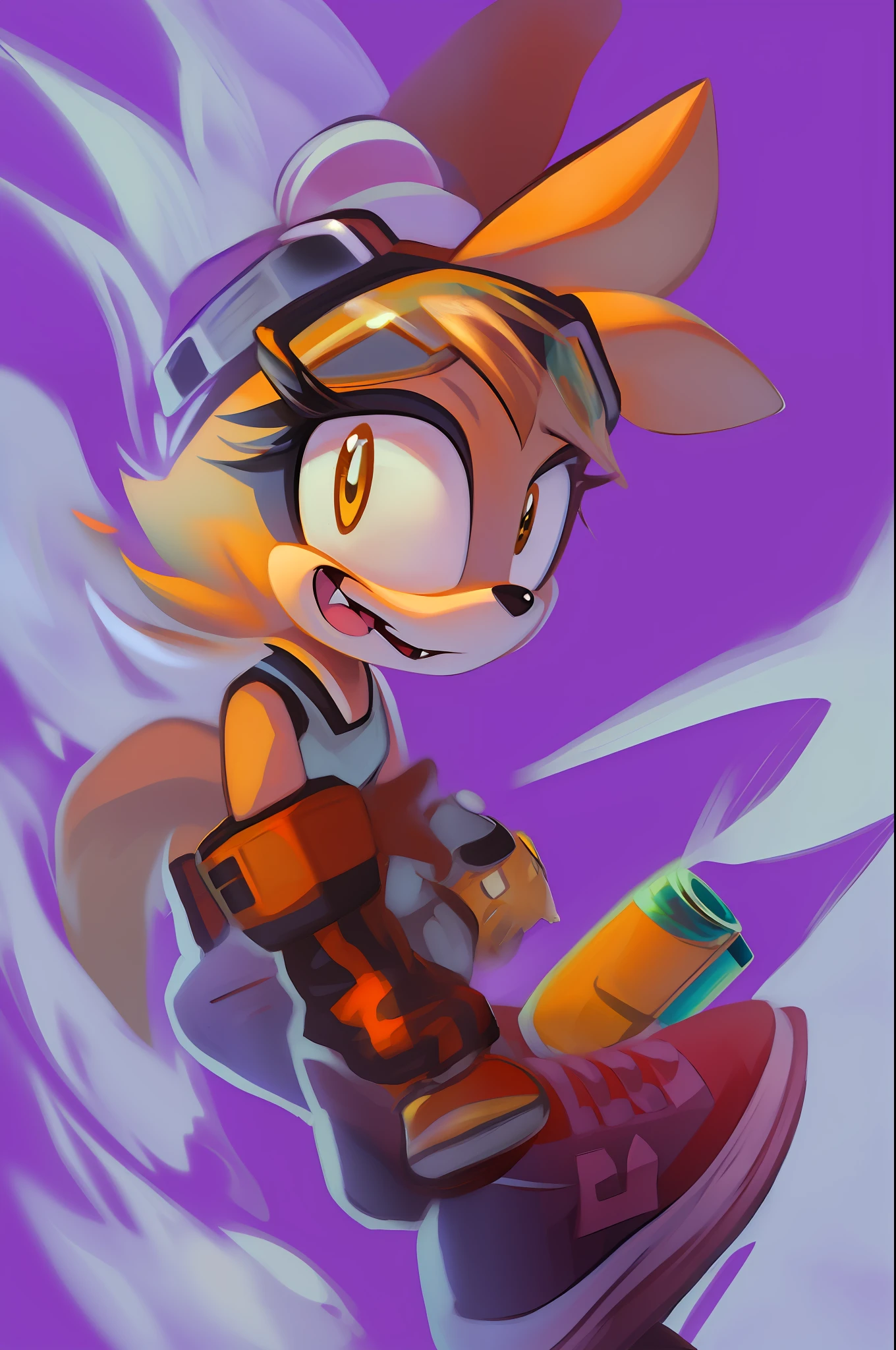 solo, 1girl, purple background, furry, holding, animal ears, shoes, goggles, teeth, spray can, animal nose, yellow eyes, sideways mouth, gloves, full body, pants, open mouth, orange fur, tail, artist name, from side, goggles on head, furry female, sneakers, smile, fang