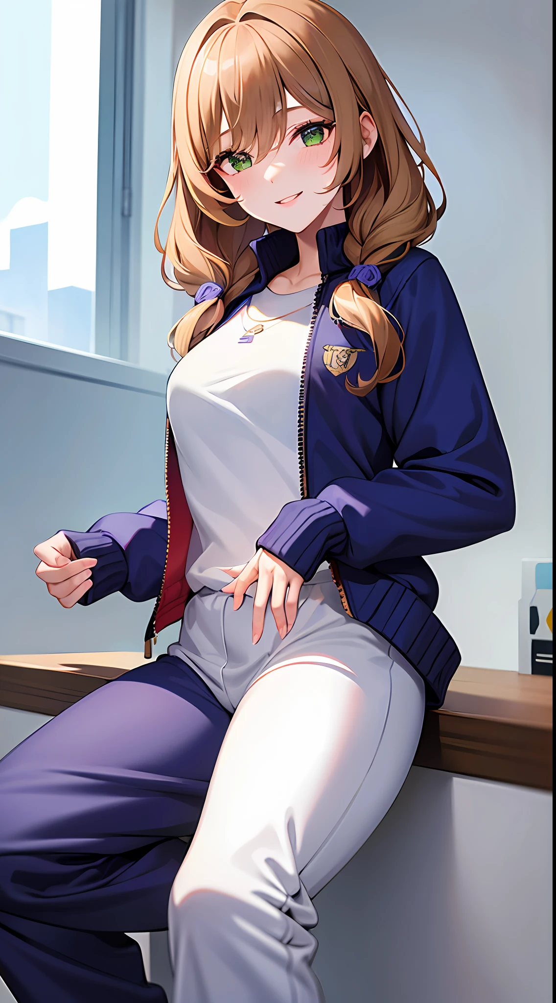 1girl, masterpiece, best quality, medium full shot, ((track jacket, track pants)), smiling