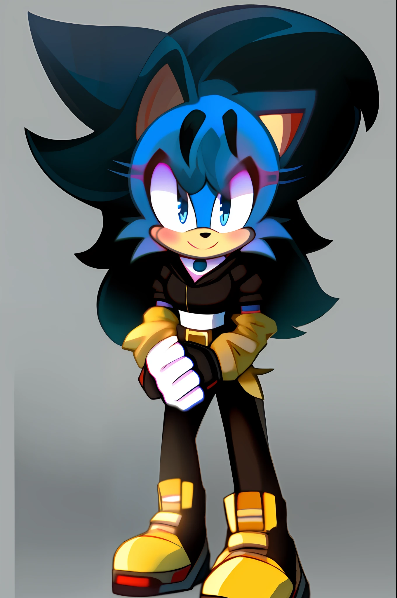 tail, solo, 1girl, animal ears, smile, closed mouth, white background, blue hair, blue eyes, shoes, simple background, short sleeves, long hair, breasts, standing, full body, pants, alternate costume, animal nose, furry, looking at the viewer, clenched hands, multicolored hair, two-tone hair, happy, gloves, shirt, small breasts, signature, arms at the sides, separate sleeves, belt, light blush, spiked hair, hood, black pants, hairy woman, body skin, artist name, heel up, jacket, bangs, black hair