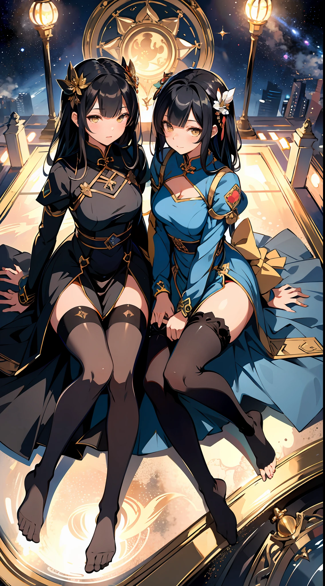 absurd res, high res, (masterpiece:1.4), ultra-detailed, 2girls twin, from above, space, floating, Chinese dress, navy dress, black stockings, black hair, yellow eyes, pantyhose, opposite clothes colour, kneeling next to eachother, facing eachother, seiza