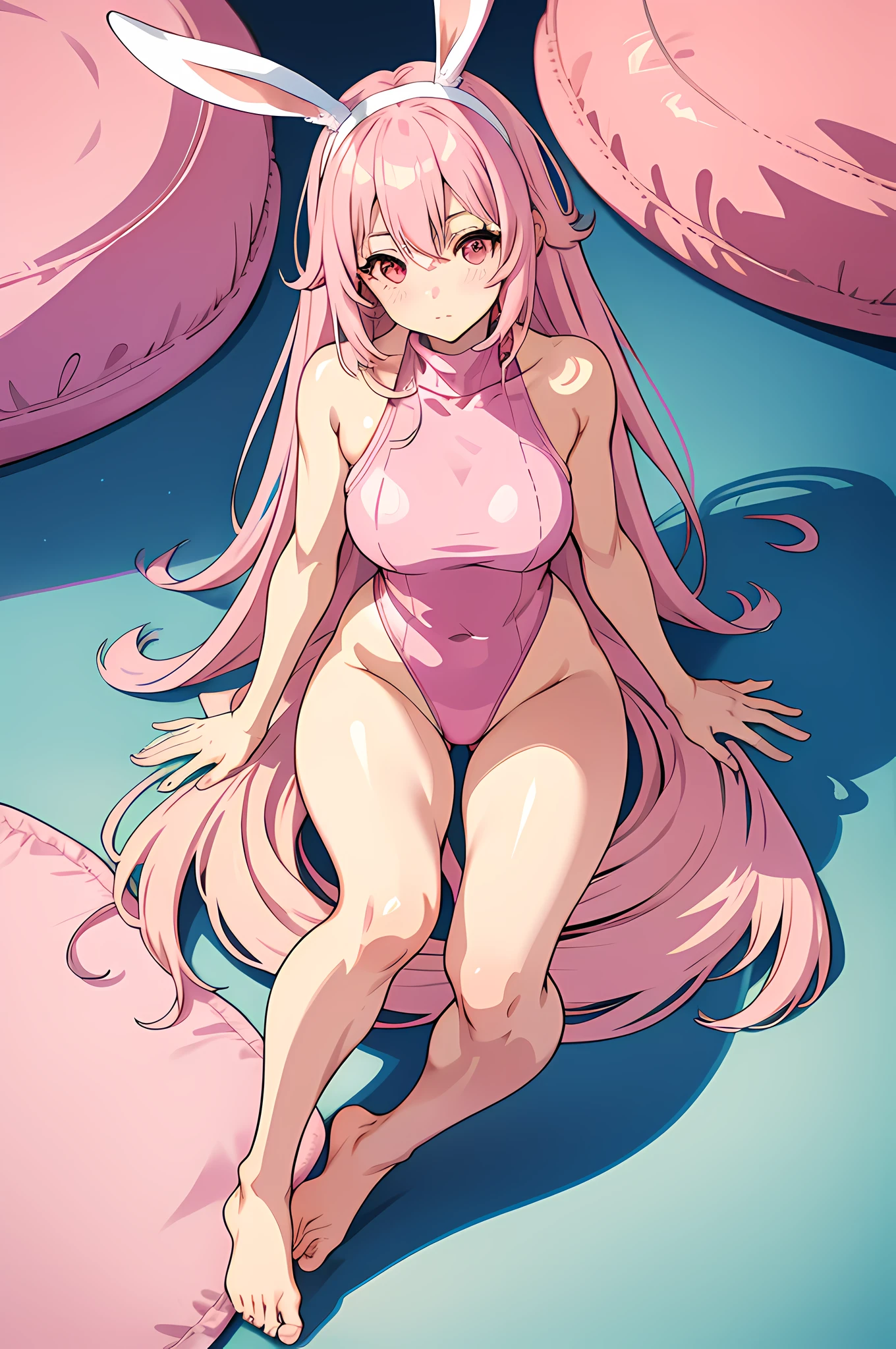 Anime girl with pink hair and bunny ears with a pink turtleneck leotard, pink eyes, shy blush,uncovered legs,uncovered thighs.full body, barefoot, feet,