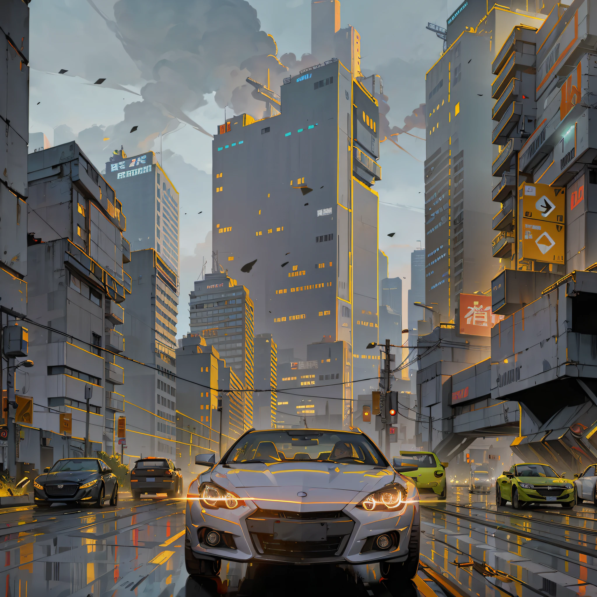 Behind the city background, cyberpunk style, night, strong contrast, no other debris around, car running at high speed on the highway, the environment is night, black sky, a car --auto --s2