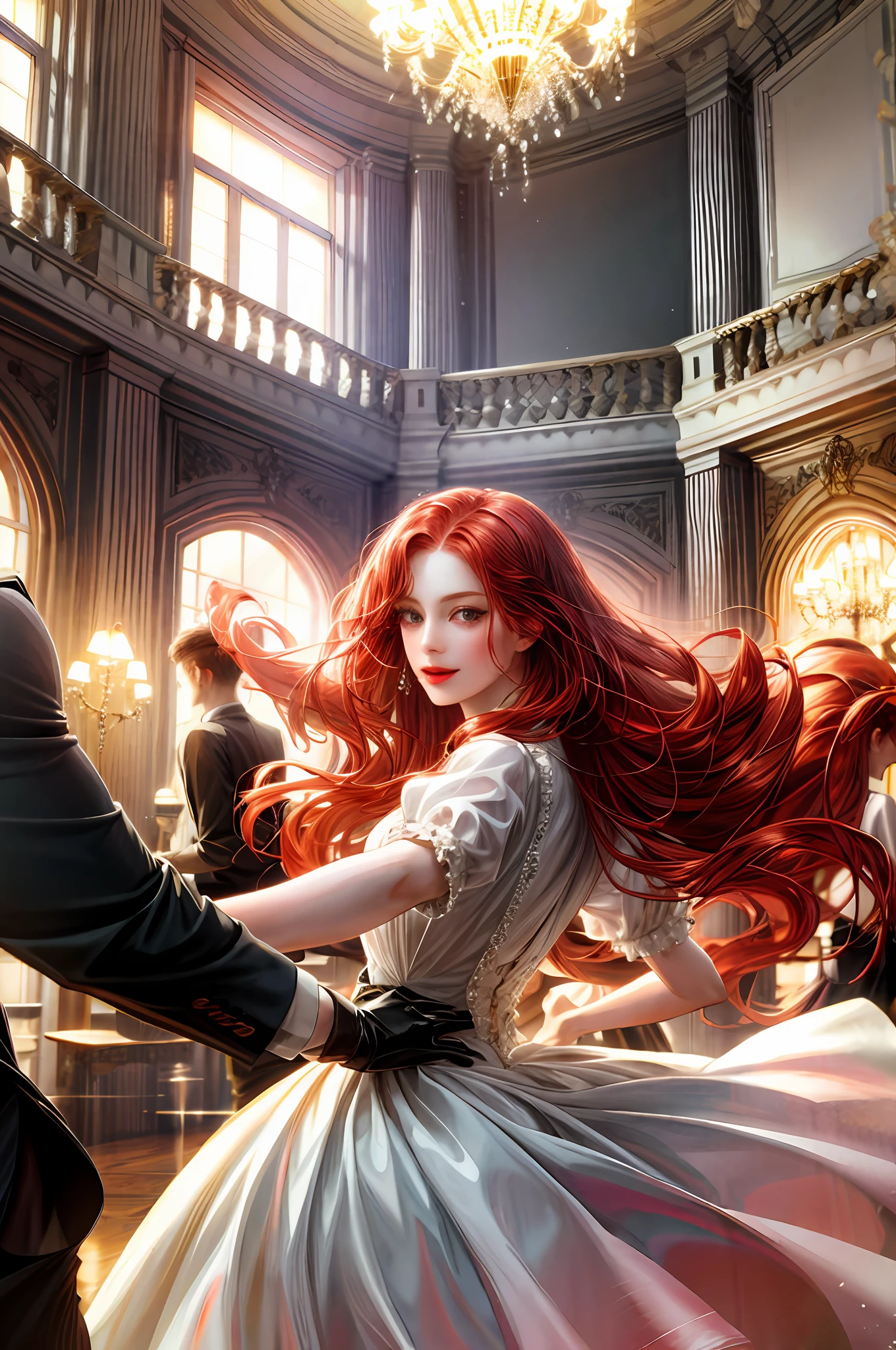 Red-haired girl in a mansion dancing under the chandelier of light with her partner
