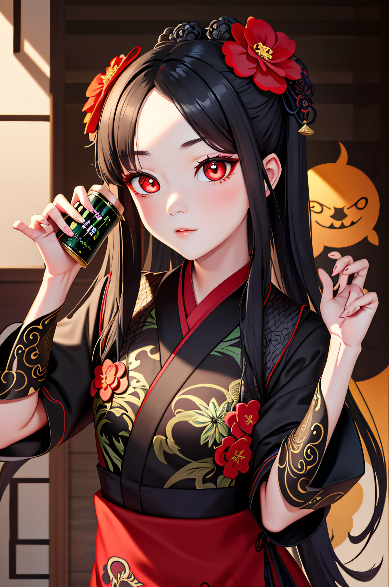 Highly detailed, High Quality, Masterpiece, beautiful, HoldingMonsterEnergy, hu tao (genshin impact), boo tao, flower-shaped pupils, red eyes:1.4, flower,