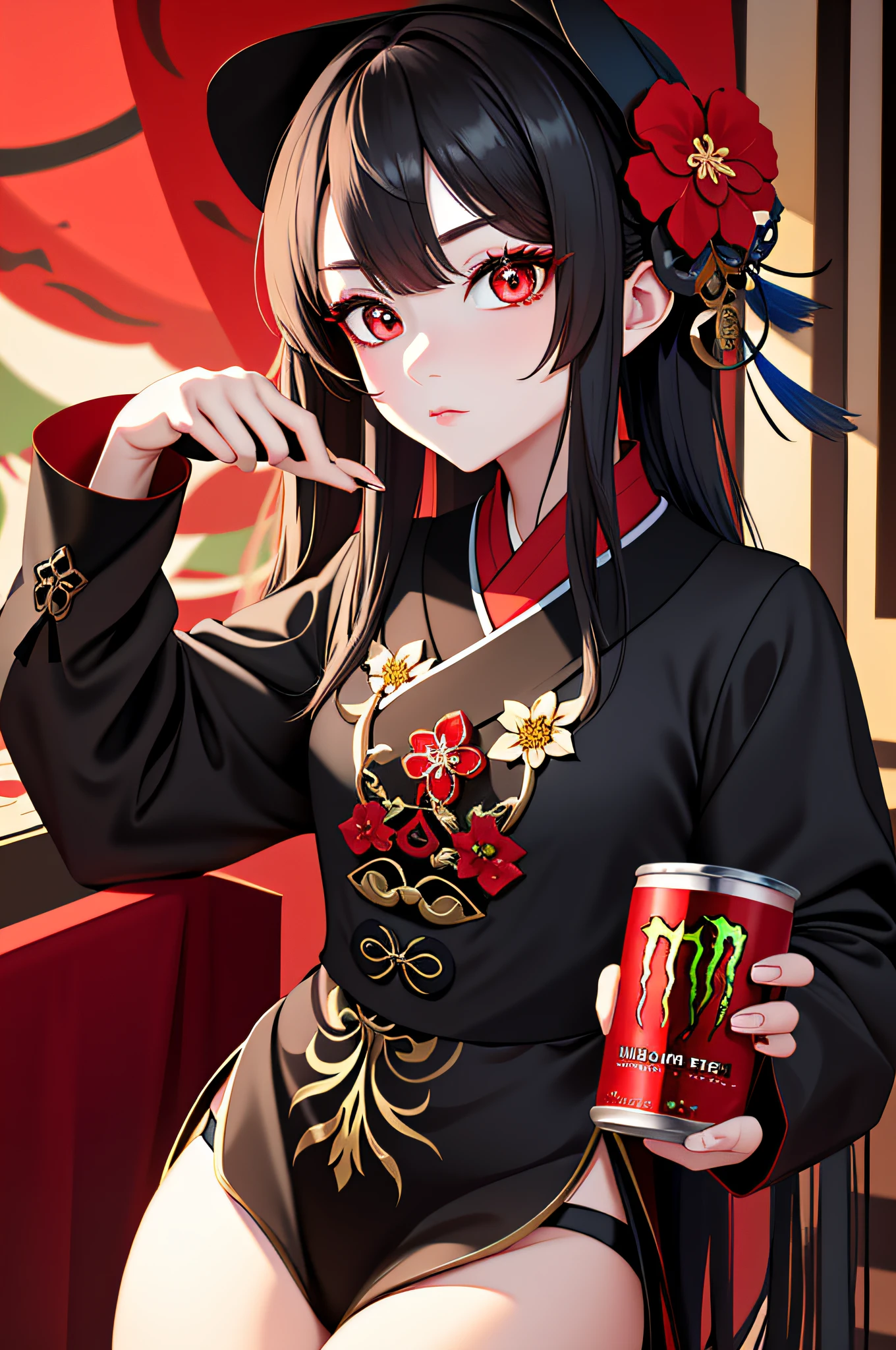 Highly detailed, High Quality, Masterpiece, beautiful, HoldingMonsterEnergy, hu tao (genshin impact), boo tao, flower-shaped pupils, red eyes:1.4, flower,