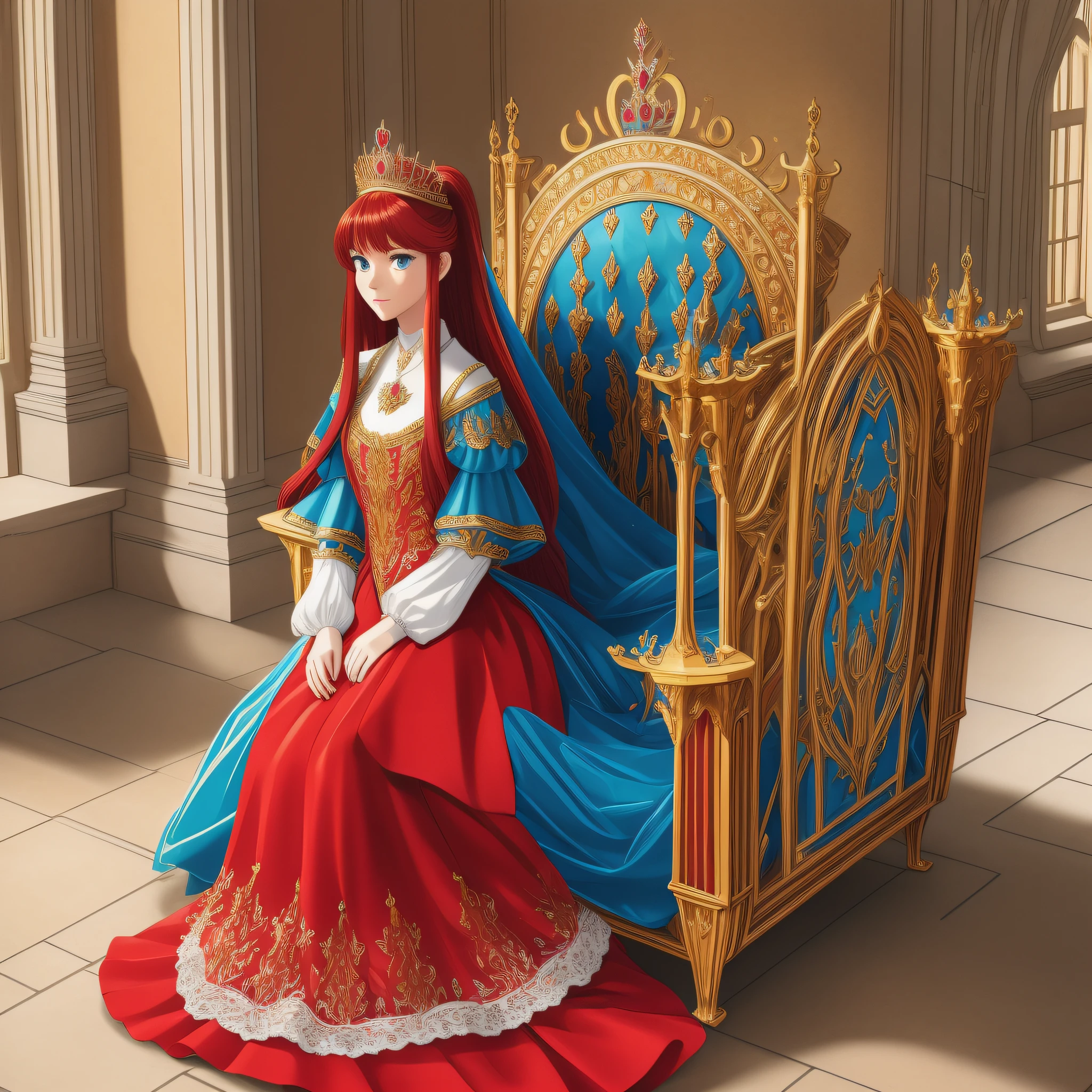 masterpiece), (best quality), (ultra detailed),(straight hair),(illustration), (2girl), (red princess clothes), standing, model,inside a castle, (interview), (background a woman red hair,blue eyes),being crowned, beautiful and delicate face, floating, (high saturation), (colorful splashes),sitting on the throne, (bright), focus on face, ponytail, long red hair, bangs,crown in hair, throne,queen, floating hair, (bright), better lighting, better shadow, --auto --s2