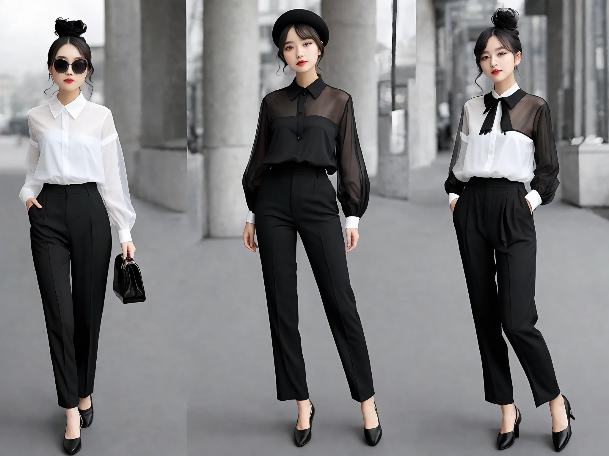 Tops: white tulle long-sleeved shirt;
    Bottoms: Black high-waisted wide-leg trousers;
    Shoes: Black loafers;
    Occasion: Business meeting;
    Year: 1920;
    Background color: black and white, hazy color, heavy traffic, 80s, background color without color;