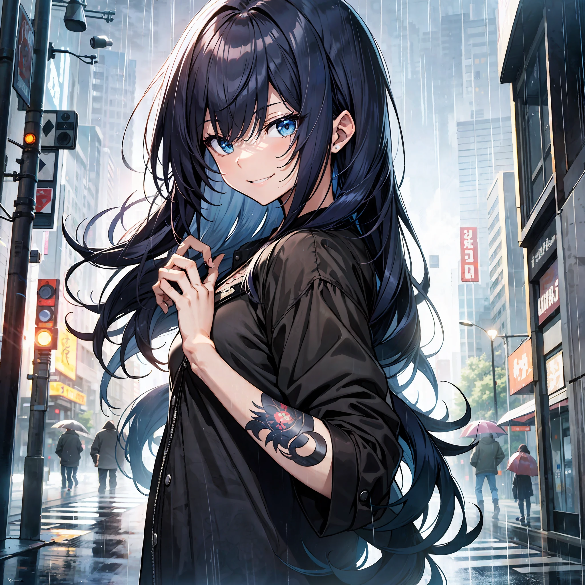 anime, a girl, tattooed arm, black shirt, black jacket, in the city, rain, no umbrella, short clothes long hair, dark blue hair, smiling, anime style, good anathomy, masterpiece, detailed face, best quality