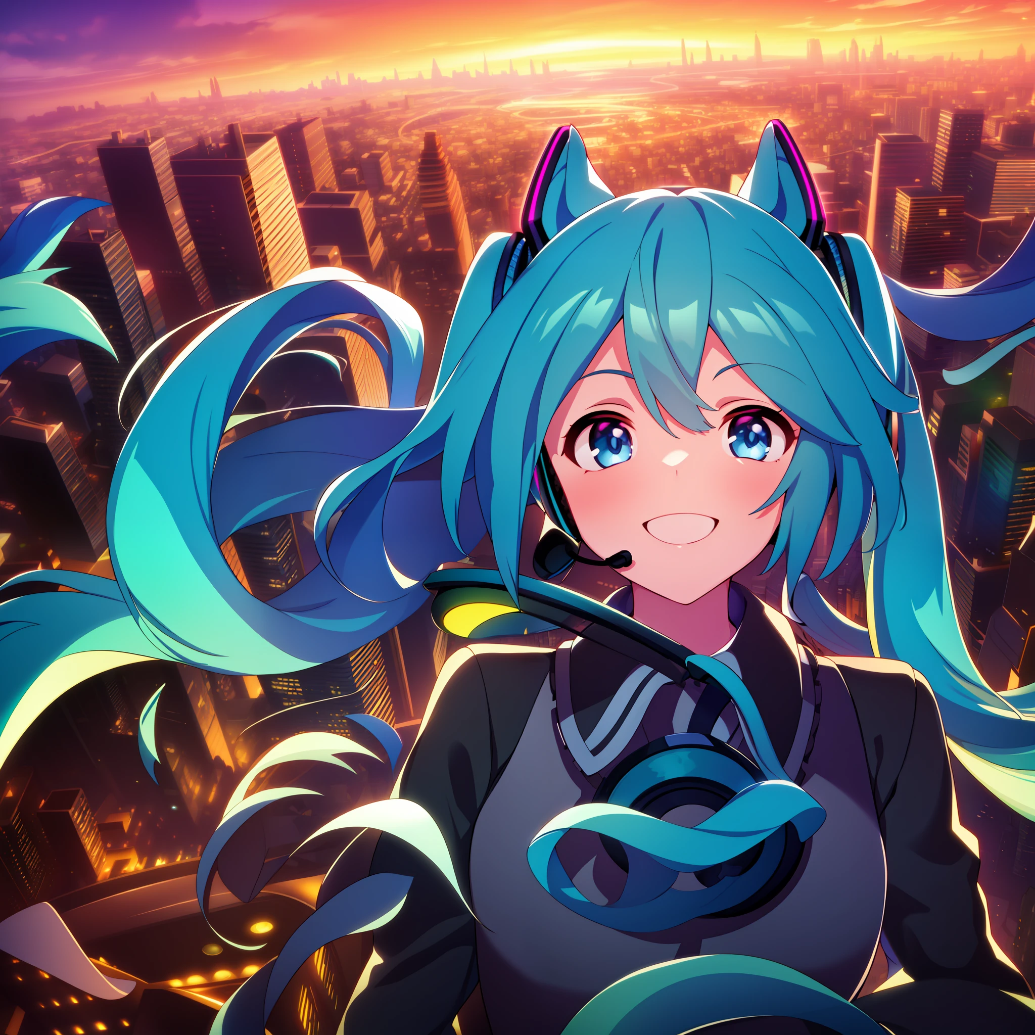 CG unity 8k wallpaper, top-quality, best lighting and shadows, an extremely delicate portrait of "Hatsune Miku", floating, superb details, a dynamic pose, vibrant blue eyes, long turquoise pigtails, a high-tech headset, an adorably cute smile, scenic view of a futuristic city at sunset, with a dramatic composition.