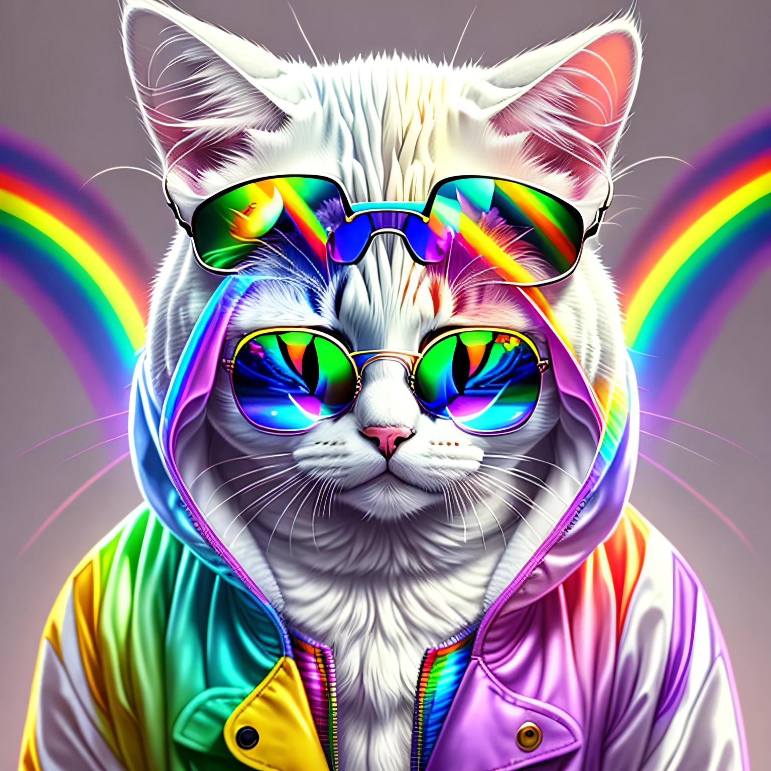 a cool portrait white cat wear a rainbow coat,wear a sunglasses, a rainbow lgbt hat --auto --s2