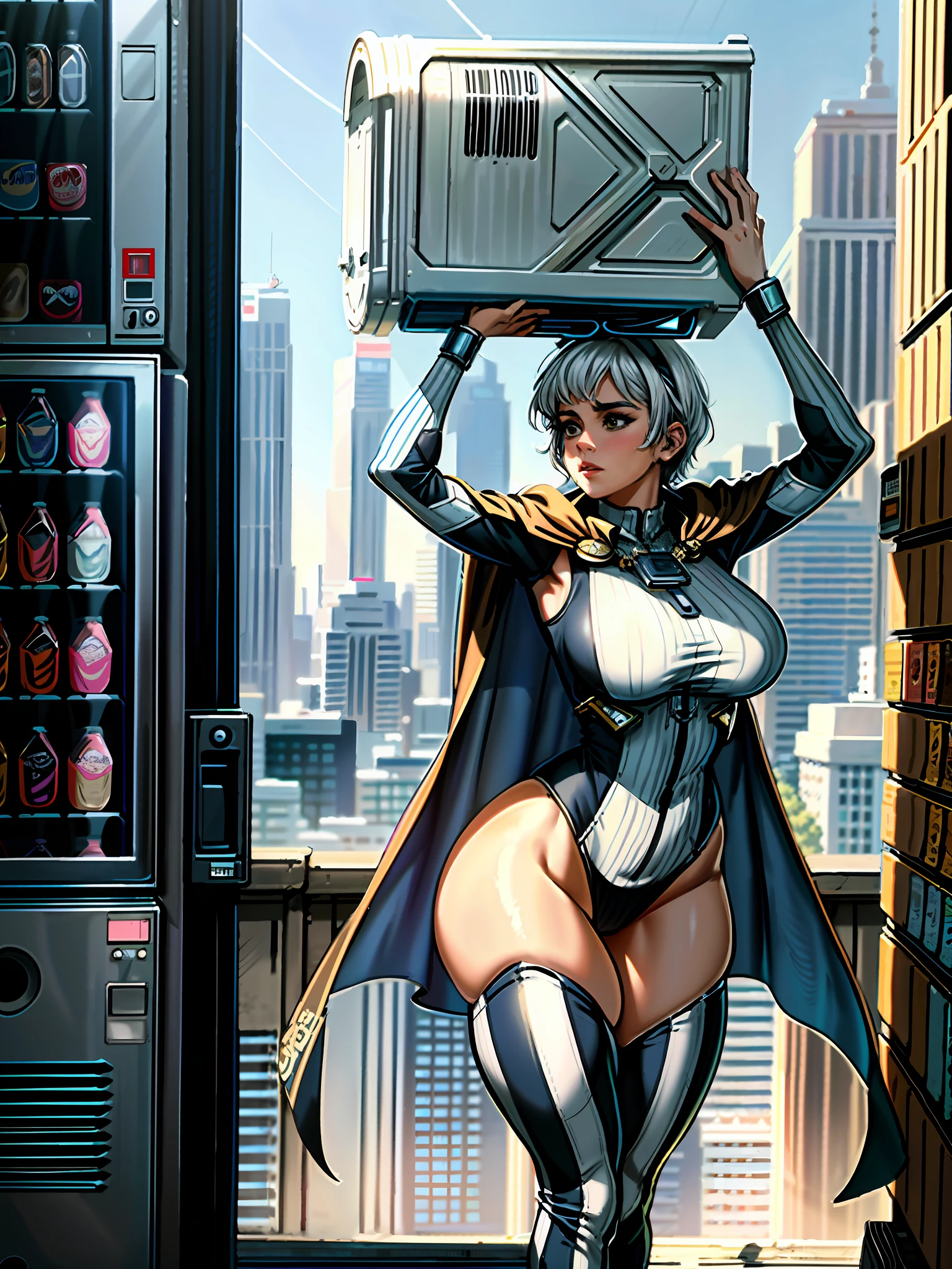 comic of a heroine of the city, ((carrying a big vending machine over her head)), (masterpiece), intricate details, best quality, (stripes ((skimpy)) side-boob bodysuit), cape, standing dynamic pose, (atmospheric city view), short white hair, ((voluptuous)), extremely detailed