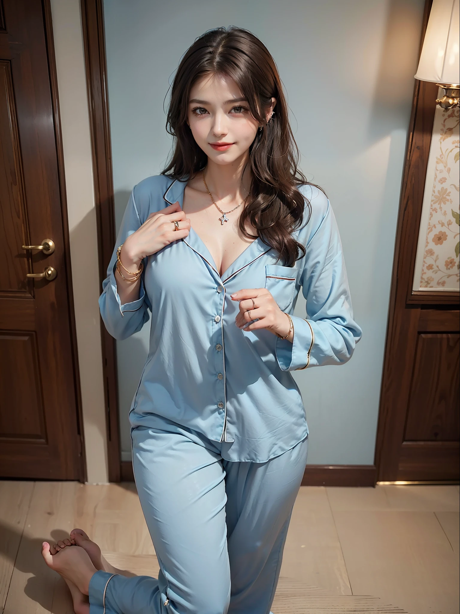 (Female: 1.2), (slim figure), (smile), (5 thumbs), (large breasts: 1.2), (dark brown hair color), (brown eyes), (mullet head), (light blue pajamas), (ring finger diamond ring), (slippers), (necklace), (bracelet), interior, wine, masterpiece, realism