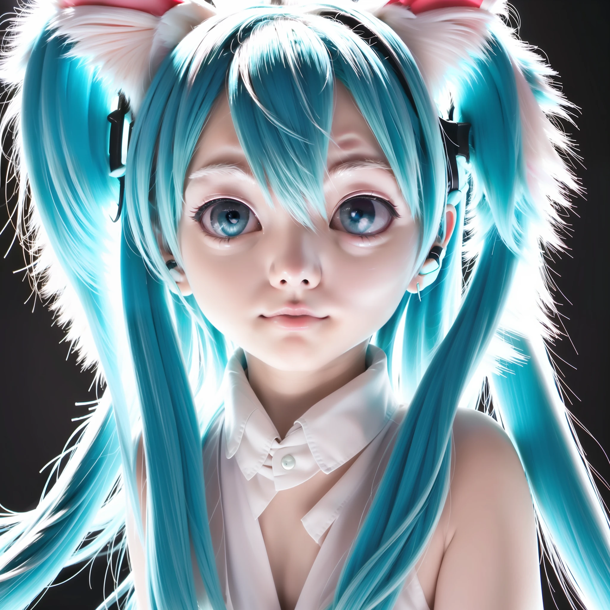 Best illustration, high quality, ultra-detailed CG portrait of Hatsune Miku in a dynamic pose with floating, glowing blue ribbons, multicolored twintails, radiating beauty from her big, expressive turquoise eyes, surrounded by a background of neon city lights and futuristic technology, capturing the essence of Hatsune Miku's charismatic and intriguing persona.