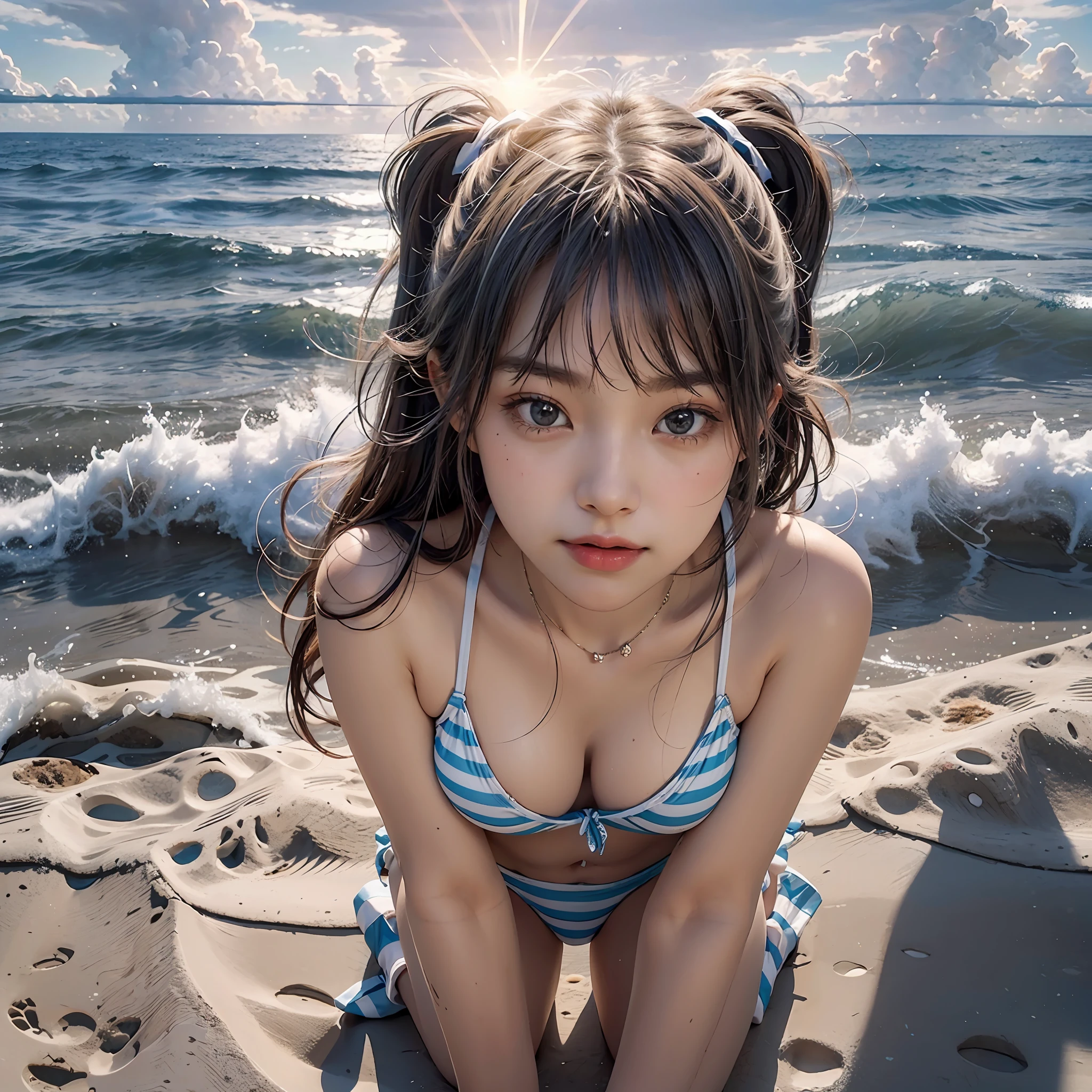 (1girl), 18-year-old woman, schoolgirl,  cute and beautiful girl, (flat chest),  petite,
(two tone blue and white stripe tied bikini),kneeling,
on a beautifully detailed beach, beautiful sky, amazing cloudscape, sunny, 
35mm style, analog style, masterpiece, raw, bright and vibrant, Subtlety, Bright Aesthetic, Frontlight, soft lighting, no dust in beam, cheerful lighting, vibrant colors, Subtlety, Bright Aesthetic, 'lighthearted, delightful, uplifting, joyful, cheerful, pleasant, sunny, optimistic', clear sky, sunshine, Realism, VFX, FXAA, TXAA, RTX, SSAO, Shaders, No noise, Ambient Lighting, Tone Mapping, Sunlight, high resolution, ultra HD, megapixel, 8k resolution, 8k, 8kres, 8k res, high details, intricate details, intricate and delicate, high intricate details, reasonable amount of details, normalcy, high quality, masterpiece),