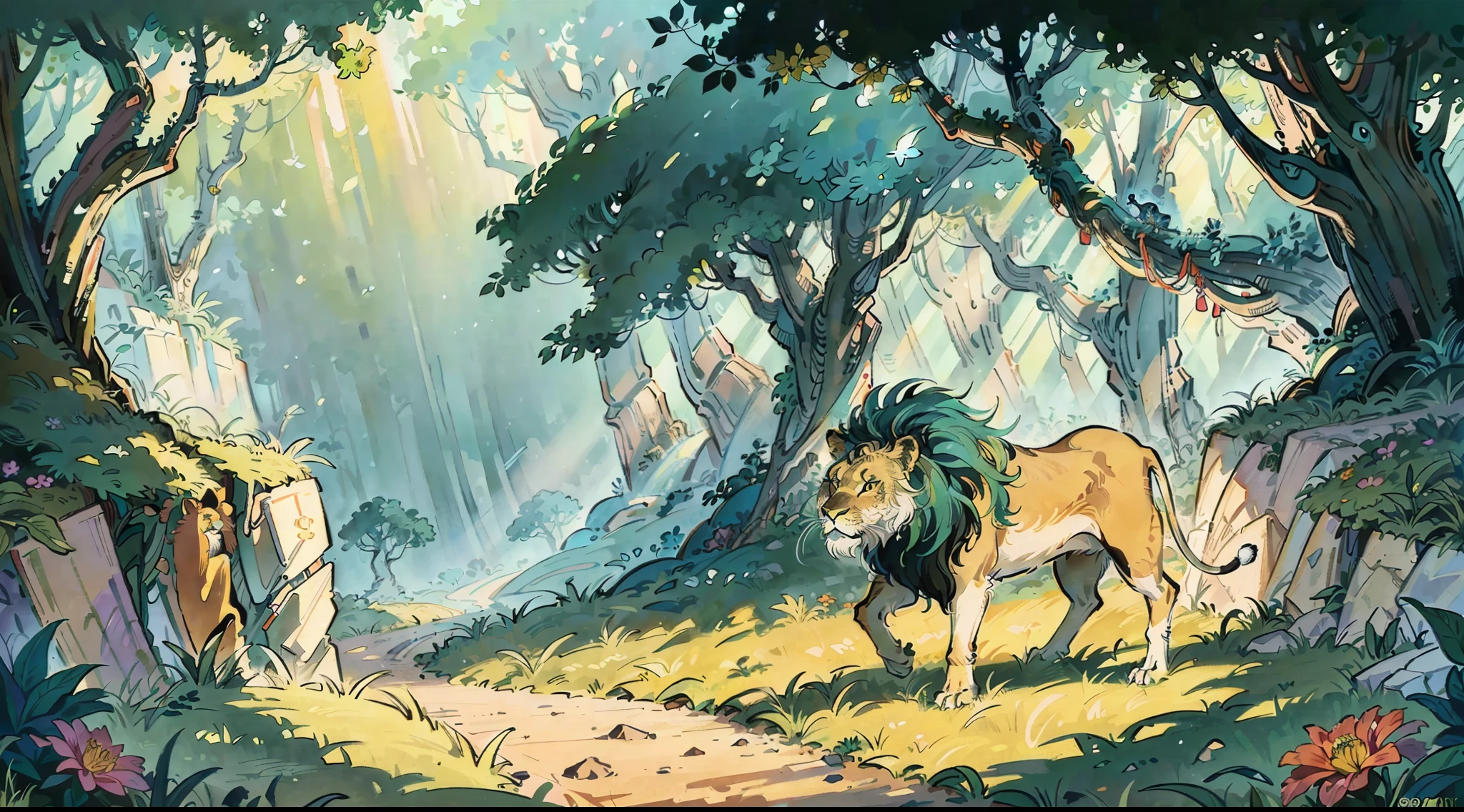 Lion walking in forest painting, lion close-up, detailed lion, magical world. Colorful illustrations, whimsical, vibrant cartoon art, Beeper and Jeremiah Keitner, psychedelic art style, psychedelic surrealism, magical light, psychedelic illustration, inspired by Cyril Rolando,