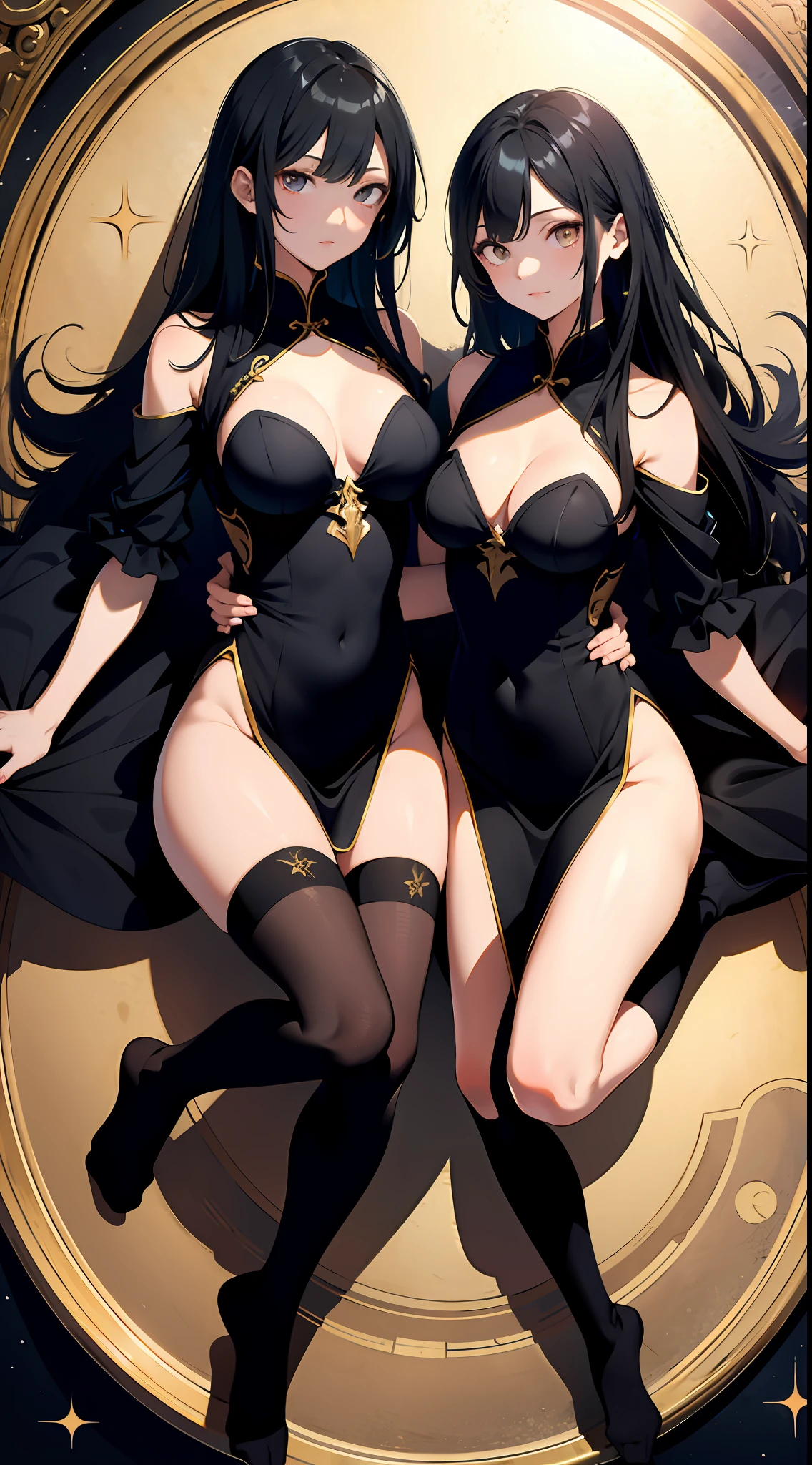 absurd res, high res, (masterpiece:1.4), ultra-detailed, 2girls siblings , from above, space, floating, Chinese dress, black dress, stockings, black hair, golden eyes, focus on breasts, kneeling, full body, opposite colour of clothes