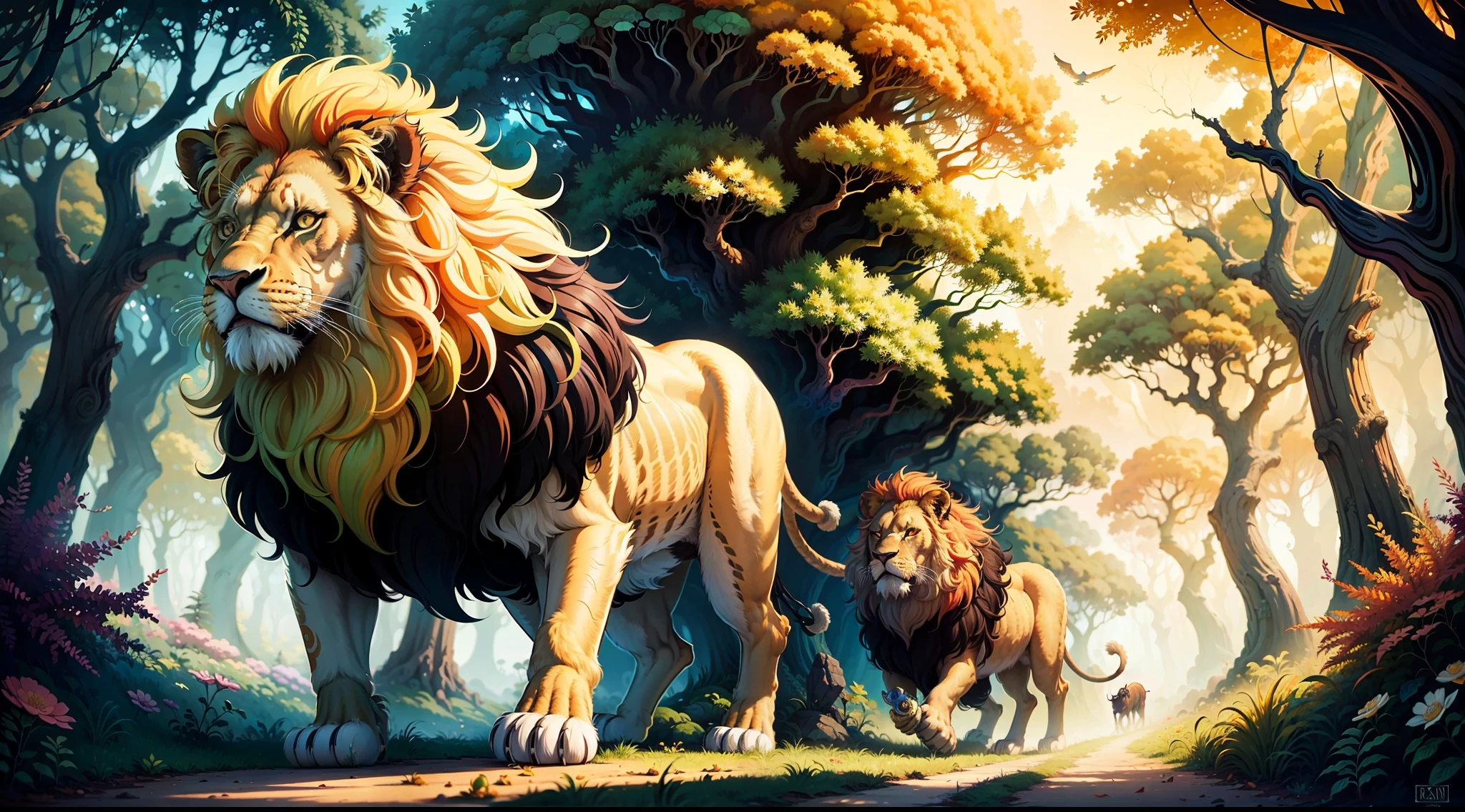 Lion walking in forest painting, lion close-up, detailed lion, magical world. Colorful illustrations, whimsical, vibrant cartoon art, Beeper and Jeremiah Keitner, psychedelic art style, psychedelic surrealism, magical light, psychedelic illustration, inspired by Cyril Rolando,