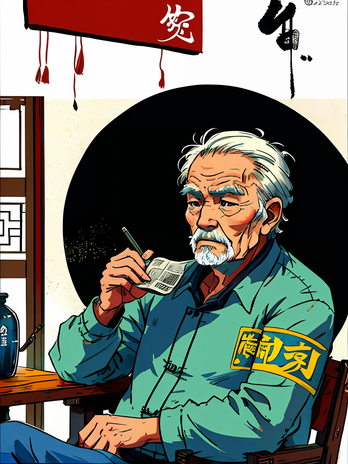 An old man sits on a chair and reads a newspaper. The four Chinese characters &quot;People&#39;s Daily&quot; are written on the newspaper. The old man looks ahead with a dazed expression, trying to highlight the desolate atmosphere