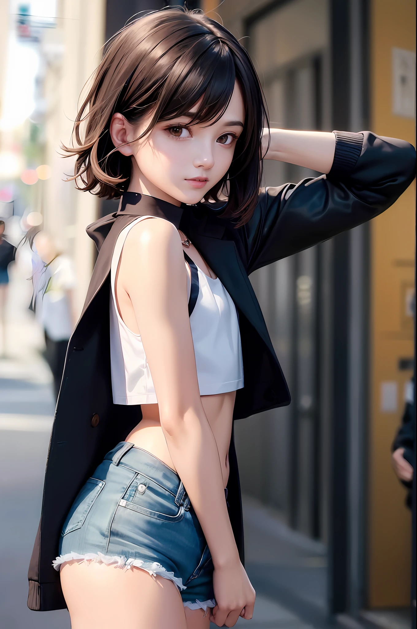 ((medium chest, tomboy, small head)), daylight, sunlight, (contoured abs: 1.1), (perfect body: 1.1), (short wavy hair: 1.2), russet hair, collar, chain, full body photo, crowded streets, wearing black vest, denim jacket, ((shorts)), (extremely detailed CG 8k wallpaper), (extremely delicate and beautiful), (masterpiece), (Best Quality: 1.0), (Ultra Resolution: 1.0), Beautiful Lighting, Perfect Lightning, Realistic Shadows, [High Resolution], Detailed Skin, Ultra Detailed, Charming Smile