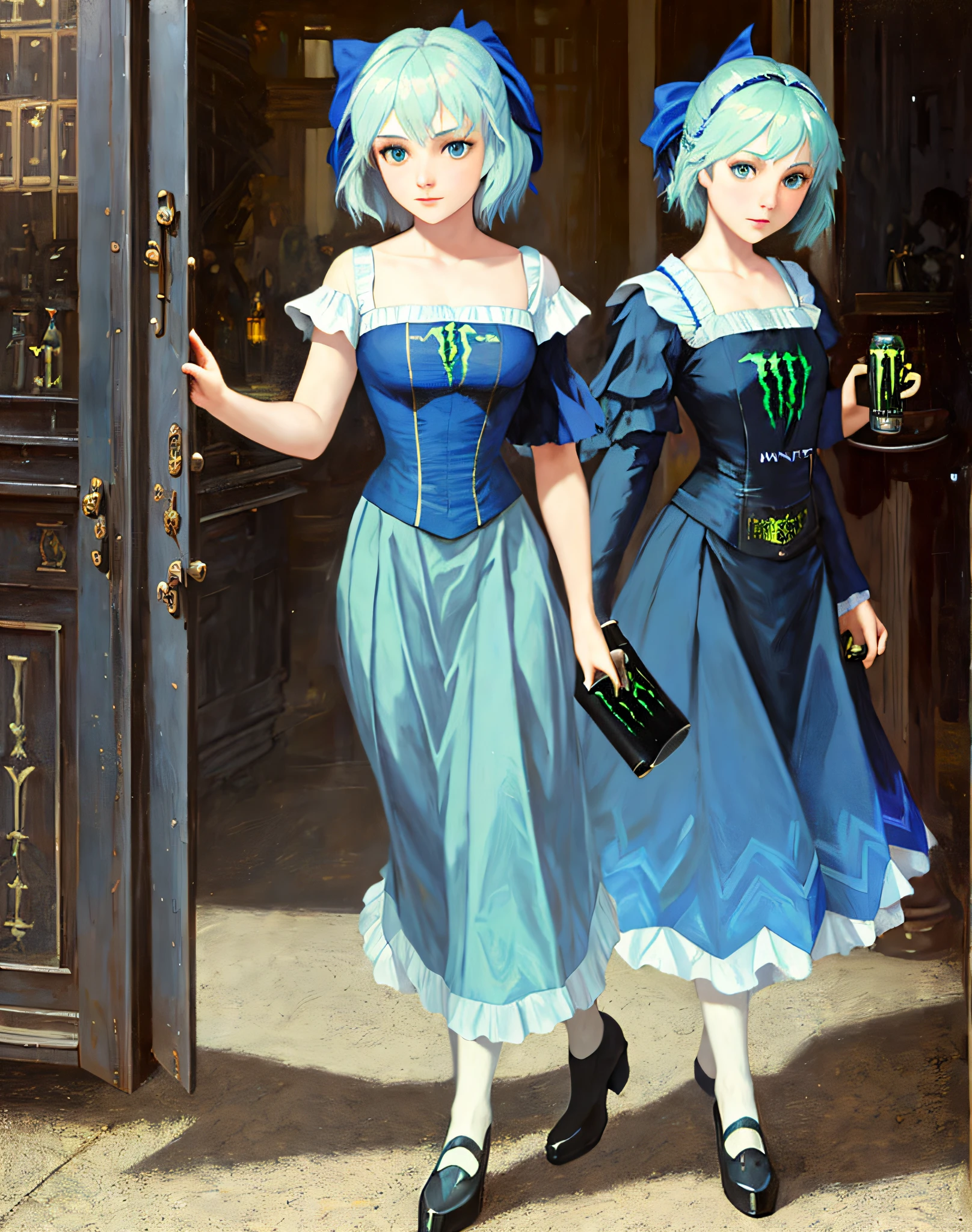 1girl, cirno, holding monster energy, monster energy by Jeremy Lipking, by William Bouguereau, (by Alphonse Mucha:0.5)