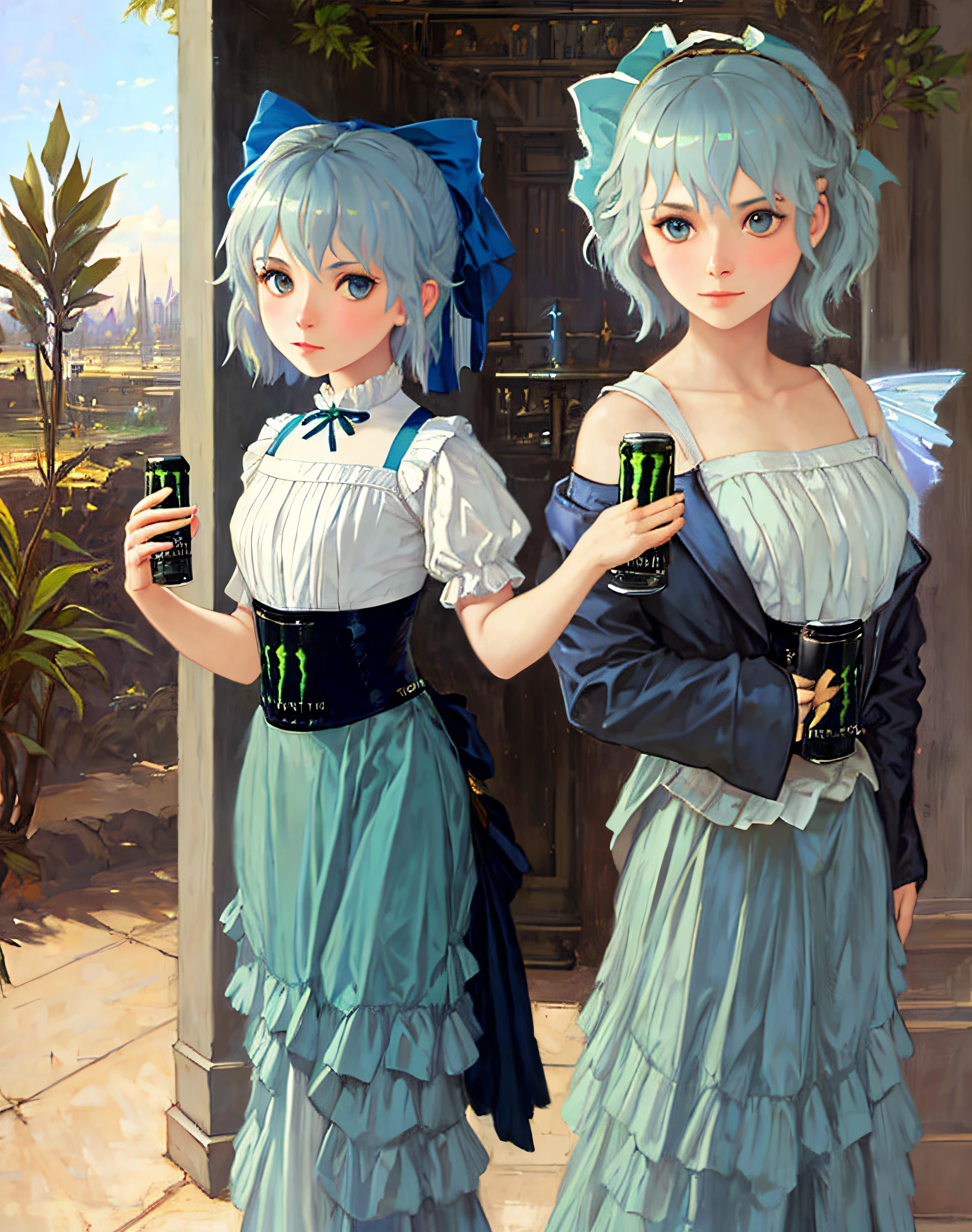 1girl, cirno, holding monster energy, monster energy by Jeremy Lipking, by William Bouguereau, (by Alphonse Mucha:0.5)