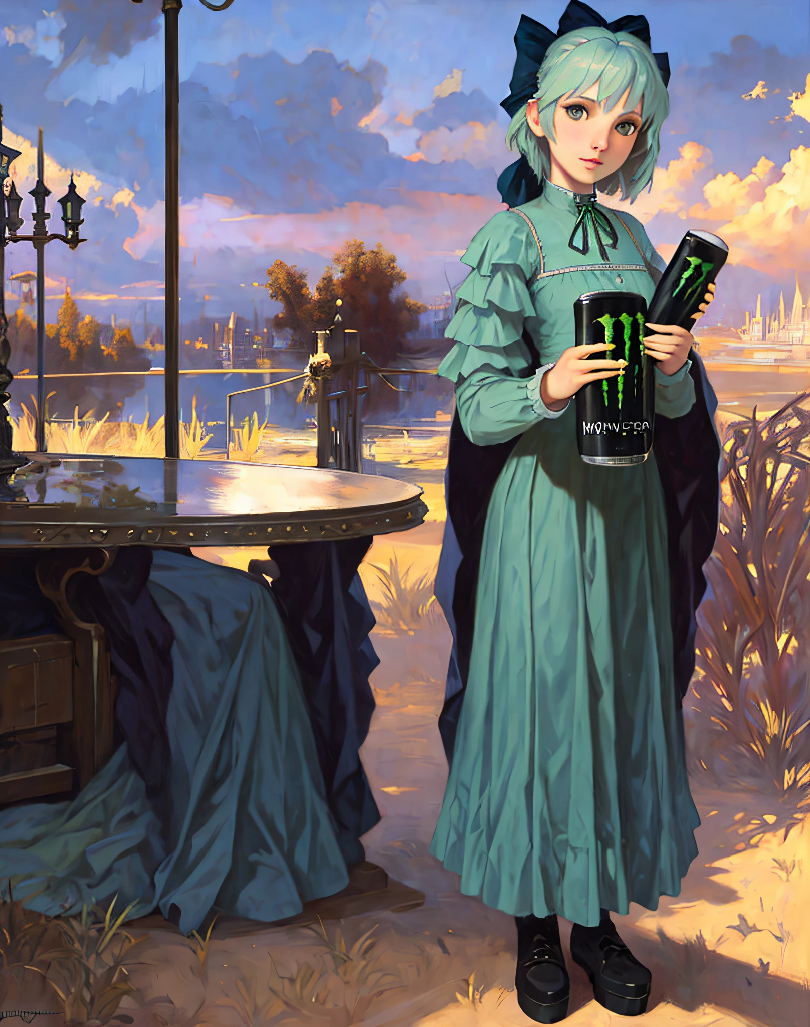 1girl, cirno,  holding monster energy,  monster energy  by Jeremy Lipking, by William Bouguereau, (by Alphonse Mucha:0.5)