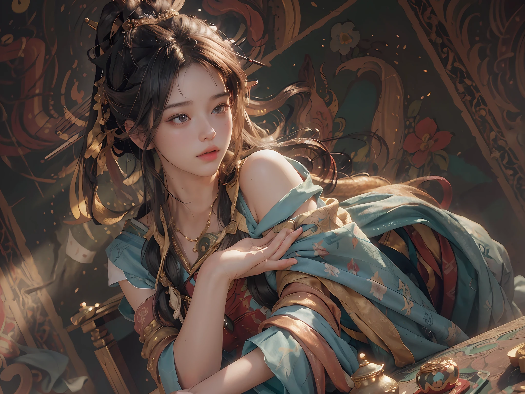 (RAW photo, best quality), (realistic, photo-realistic:1.3),best quality,highly detailed,masterpiece,ultra-detailed,illustration,1girl,upper_body,dynamic angle,world masterpiece theater,messy_long_hair,best quality,extremely detailed CG unity 8k wallpaper,ink,Amazing,cinematic lighting,lens_flare, dunhuang_style