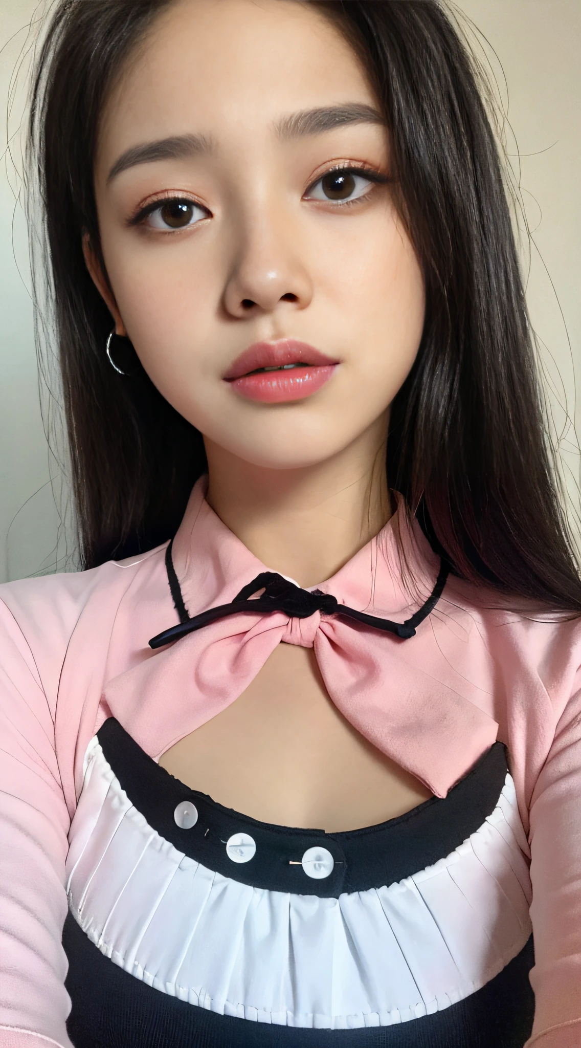 A closeup of a cute girl with a pink collar shirt and a black and white top, realistic, movie character,