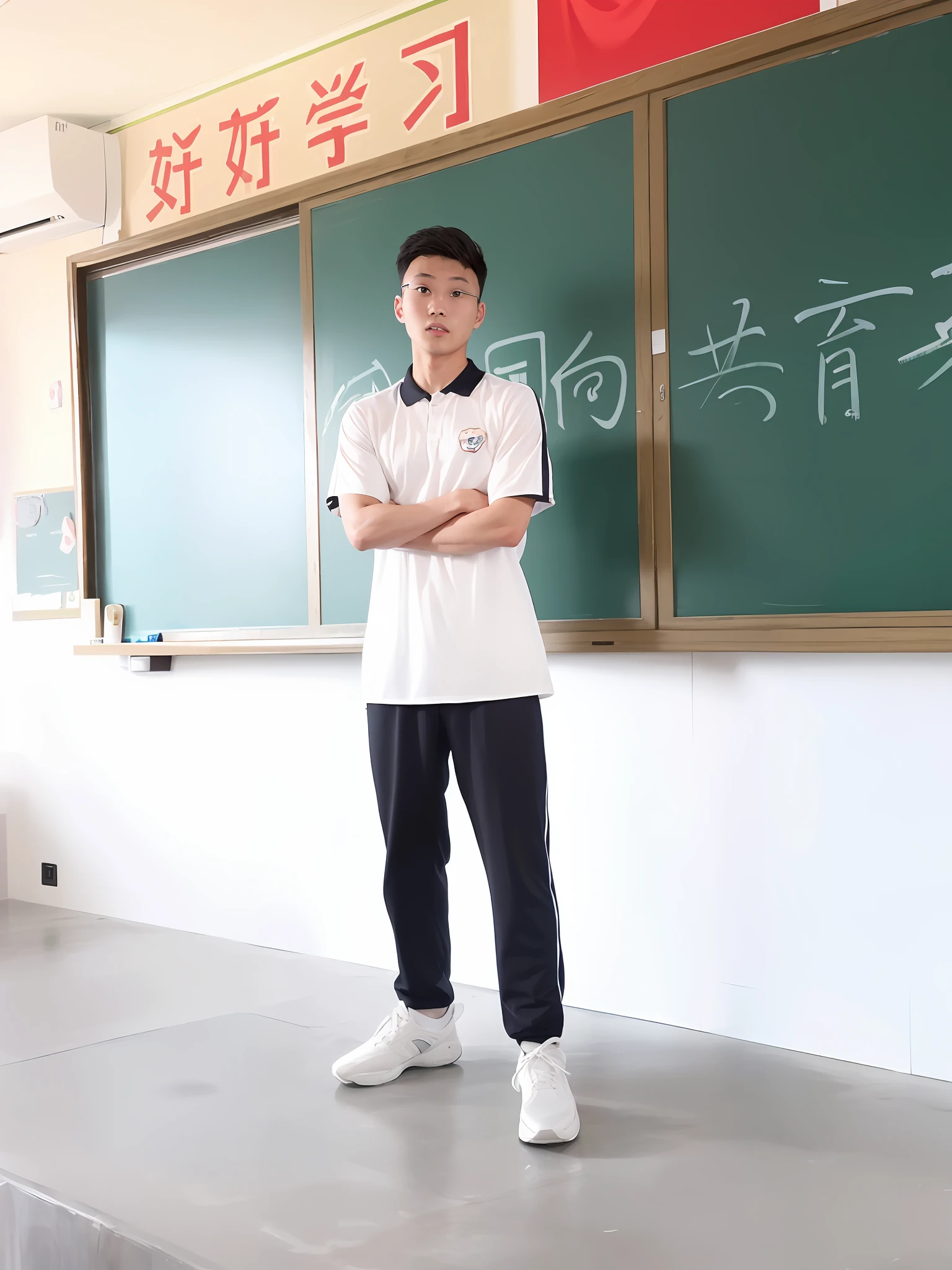 there is a man standing in front of a blackboard in a classroom, standing in class, student, full body picture, jinyiwei, li zixin, wearing track and field suit, xintong chen, nanquan, wearing a school soccer uniform, inspired by Zhang Zongcang, wearing school uniform, wenjun lin, teacher, inspired by Ding Yunpeng