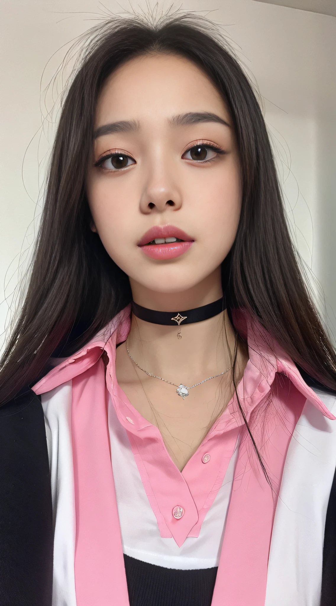 A closeup of a cute girl with a pink collar shirt and a black and white top, realistic, movie character,